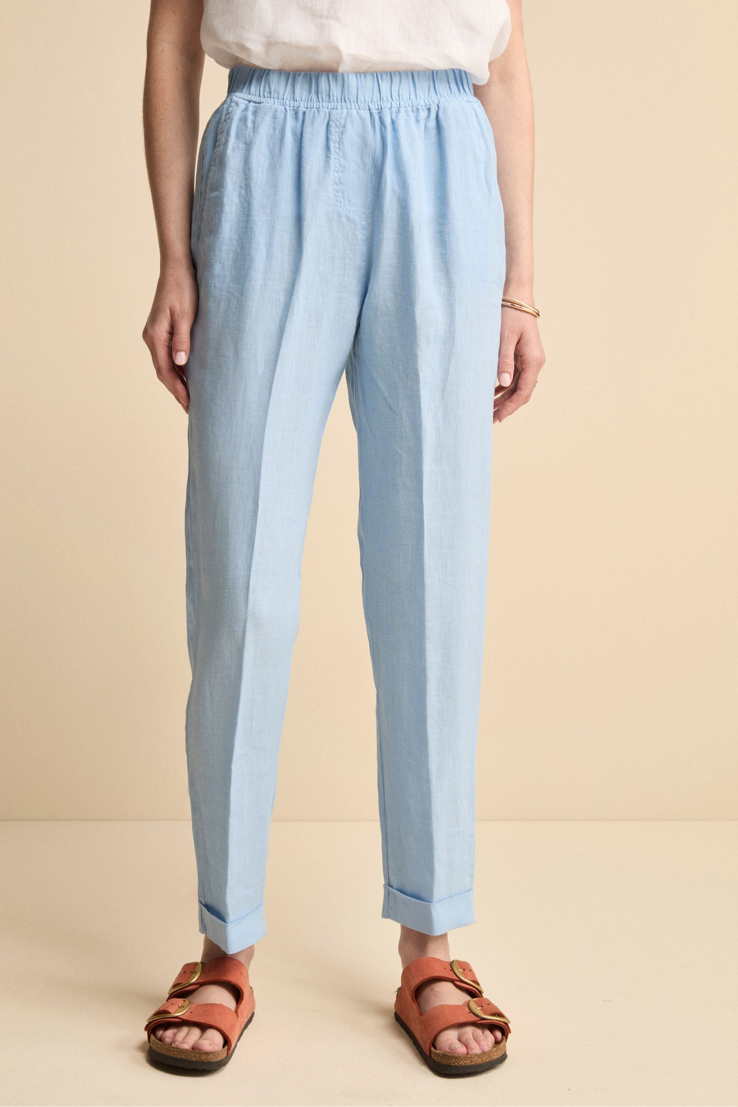 Pantalone Morbido in Lino con Risvolto - AZZURRO