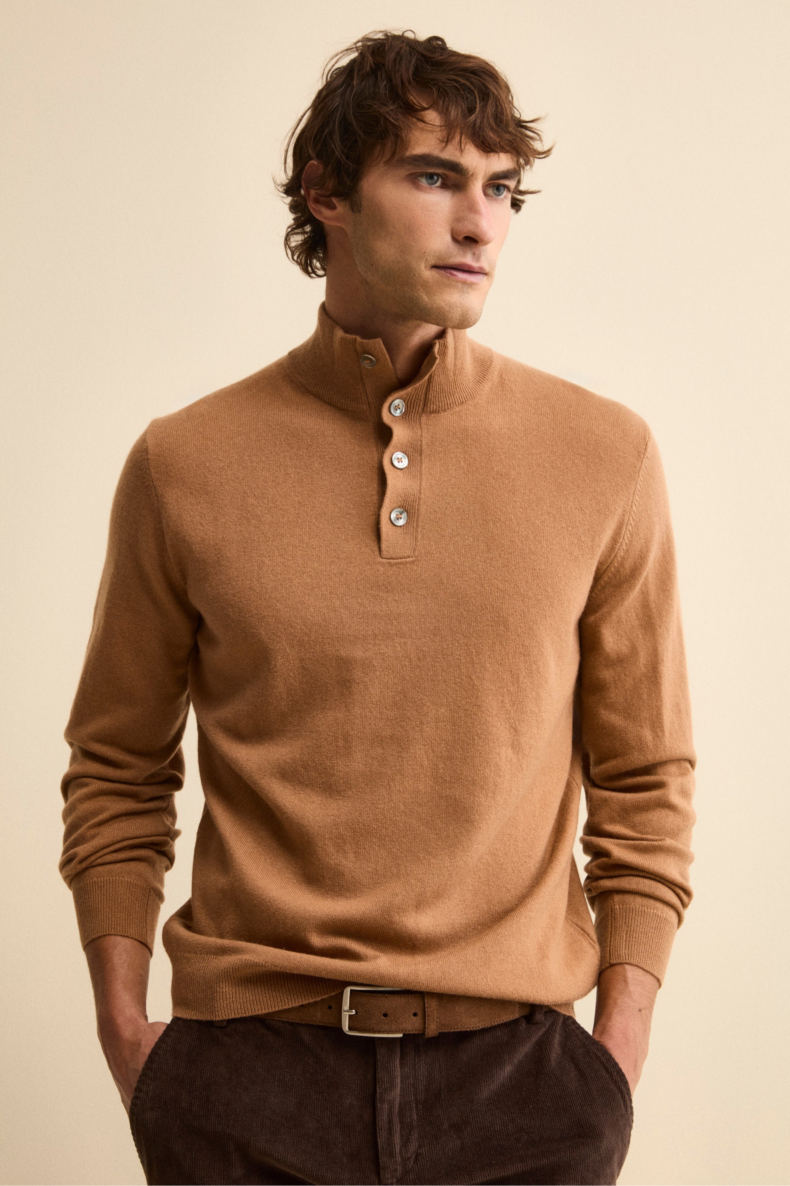 Henley Sweater in Wool and Cashmere - Camel
