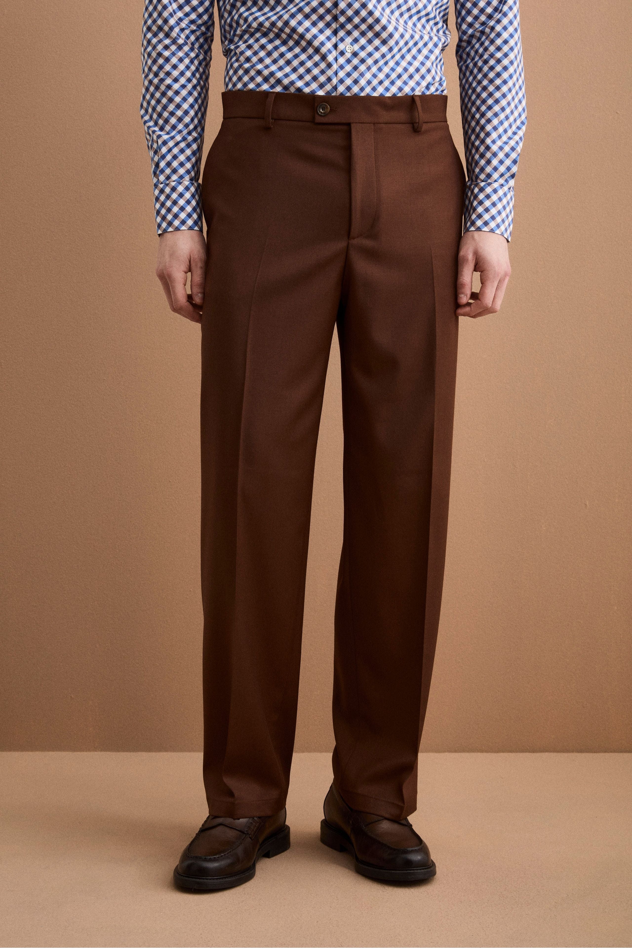 Weite Hose aus Wollmischung mit Bundfalten - Gebranntes Braun