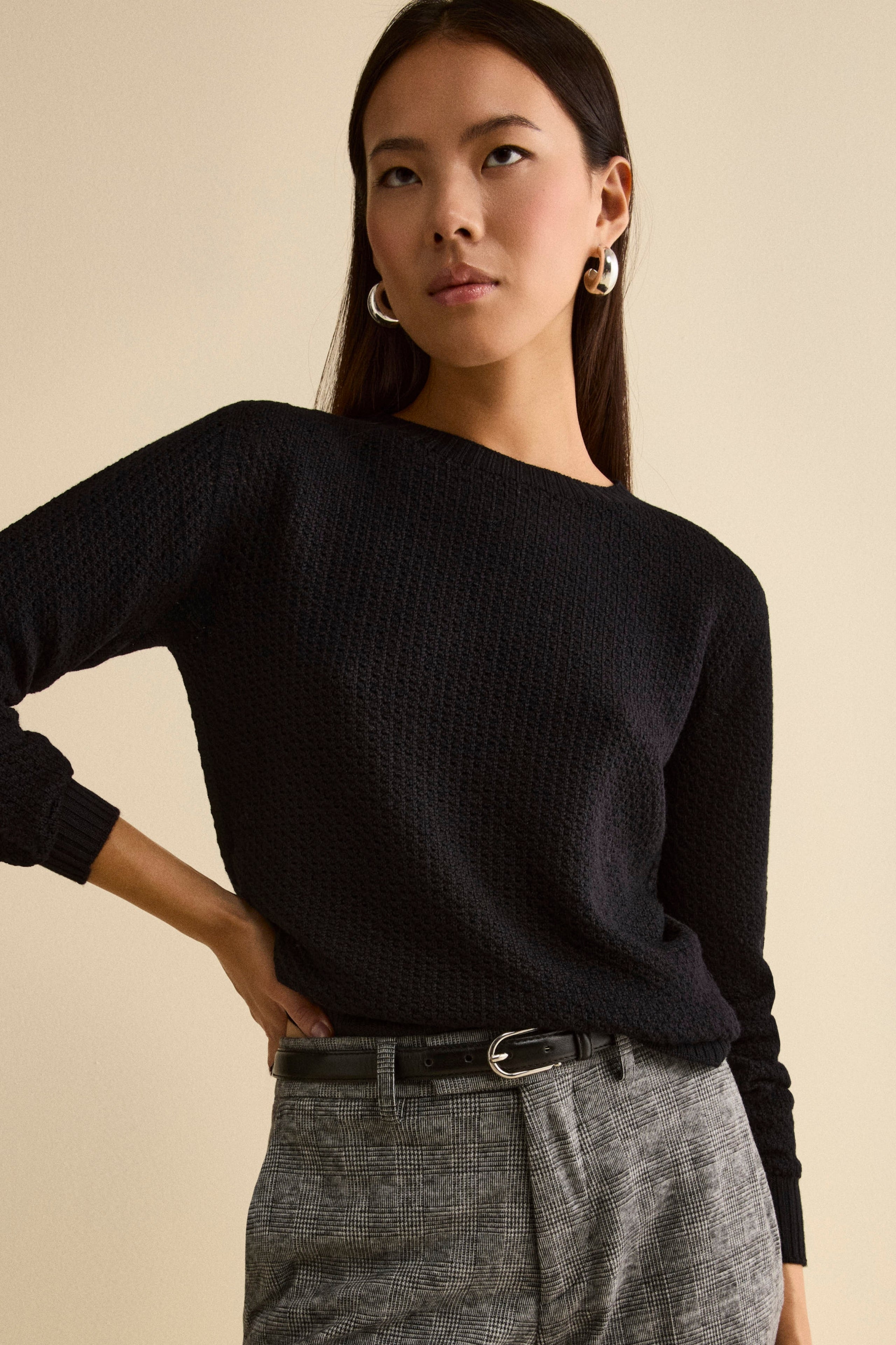 Openwork Merino Wool Crewneck Sweater - BLACK