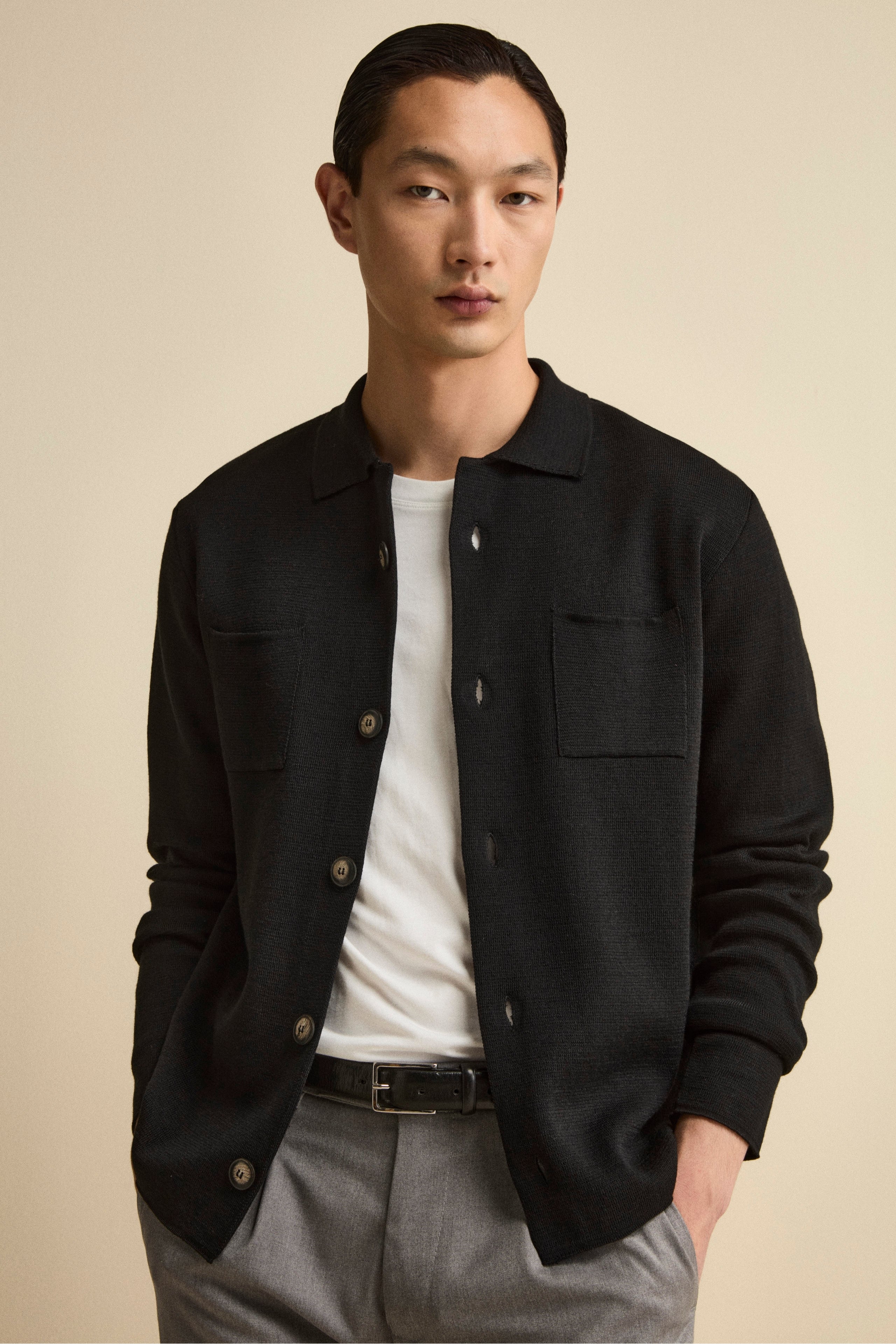 Wool-Blend Cardigan with Pockets - BLACK