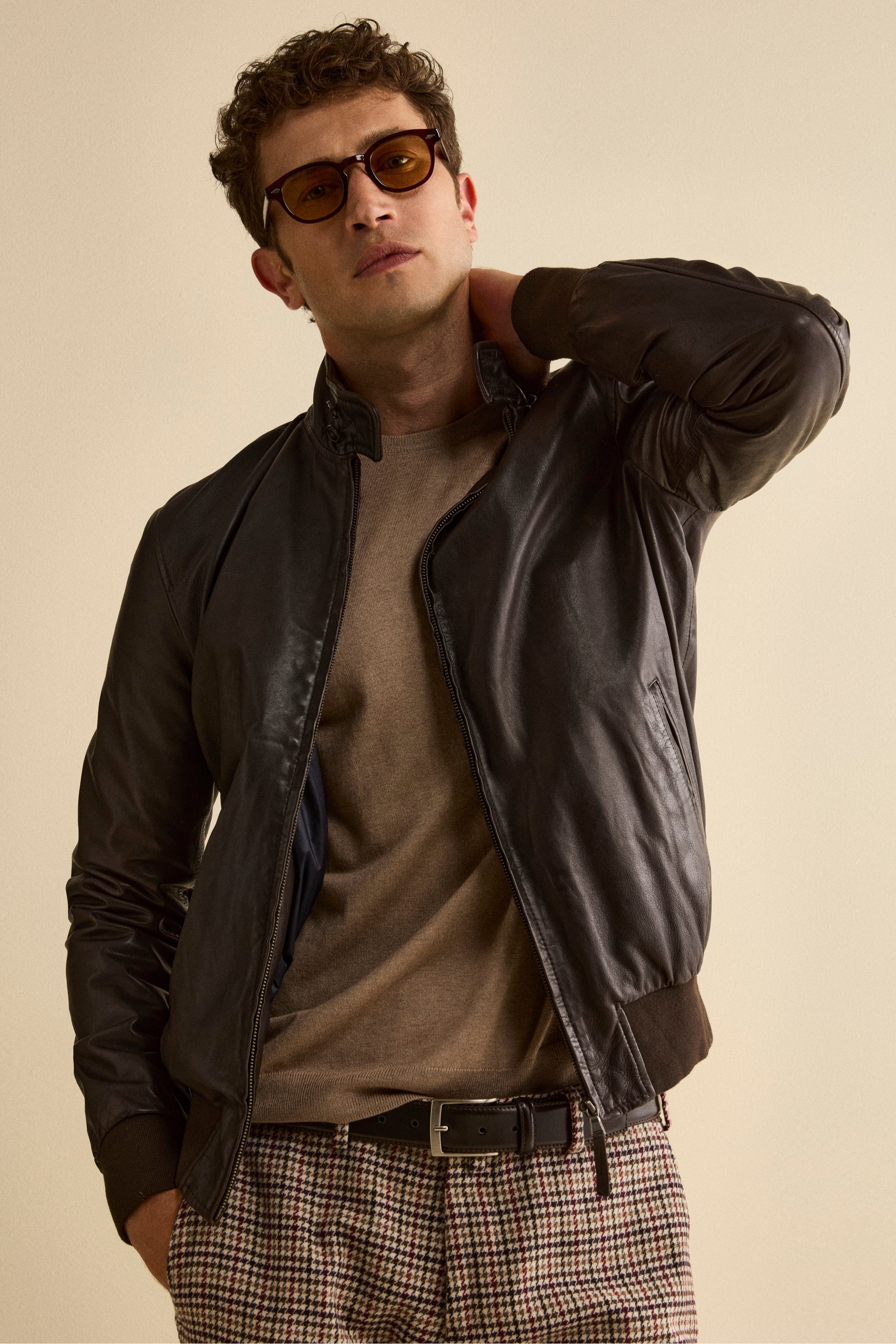 Padded Leather Jacket - Dark brown