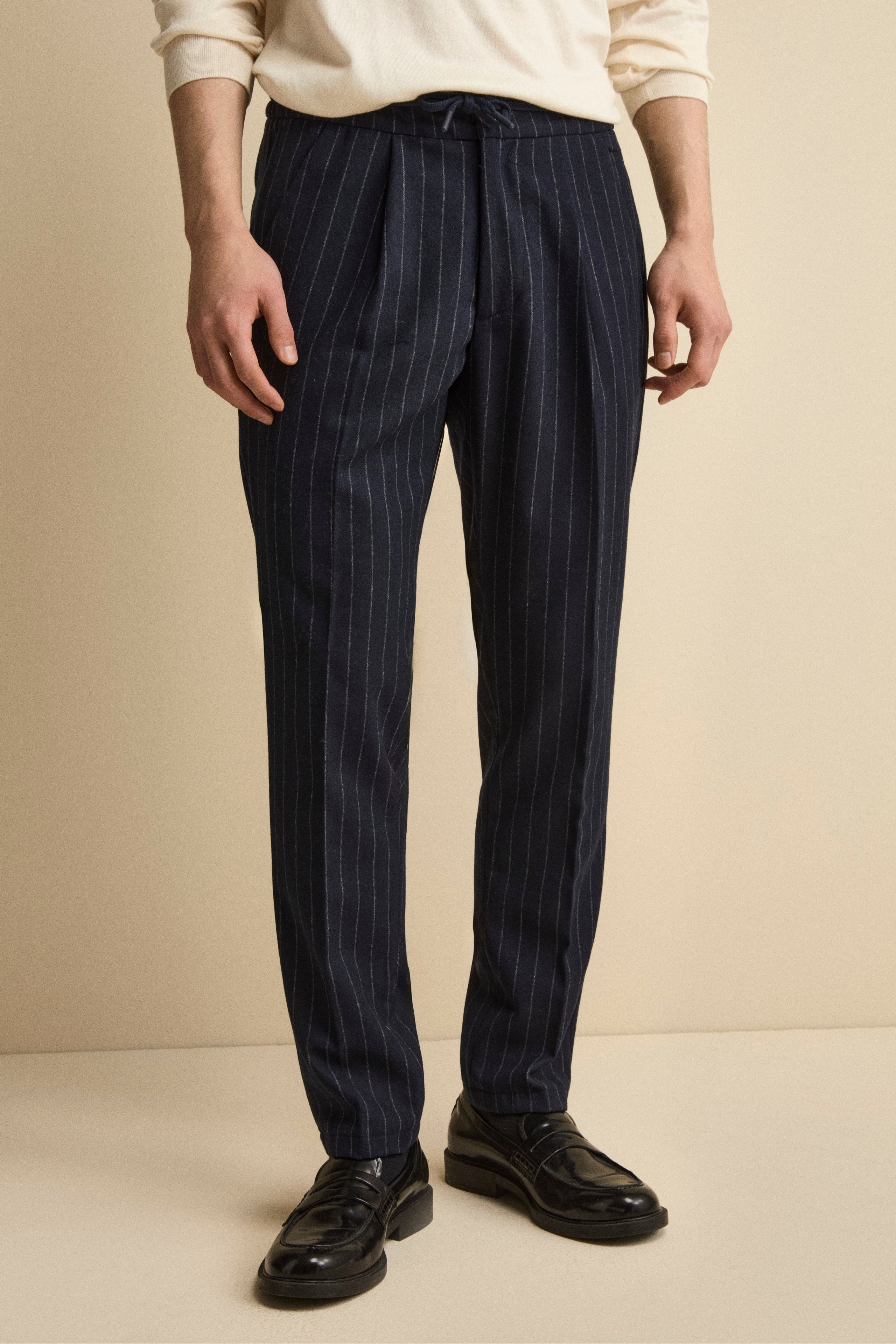 Pinstripe Drawstring Trousers in Wool Blend - BLUE