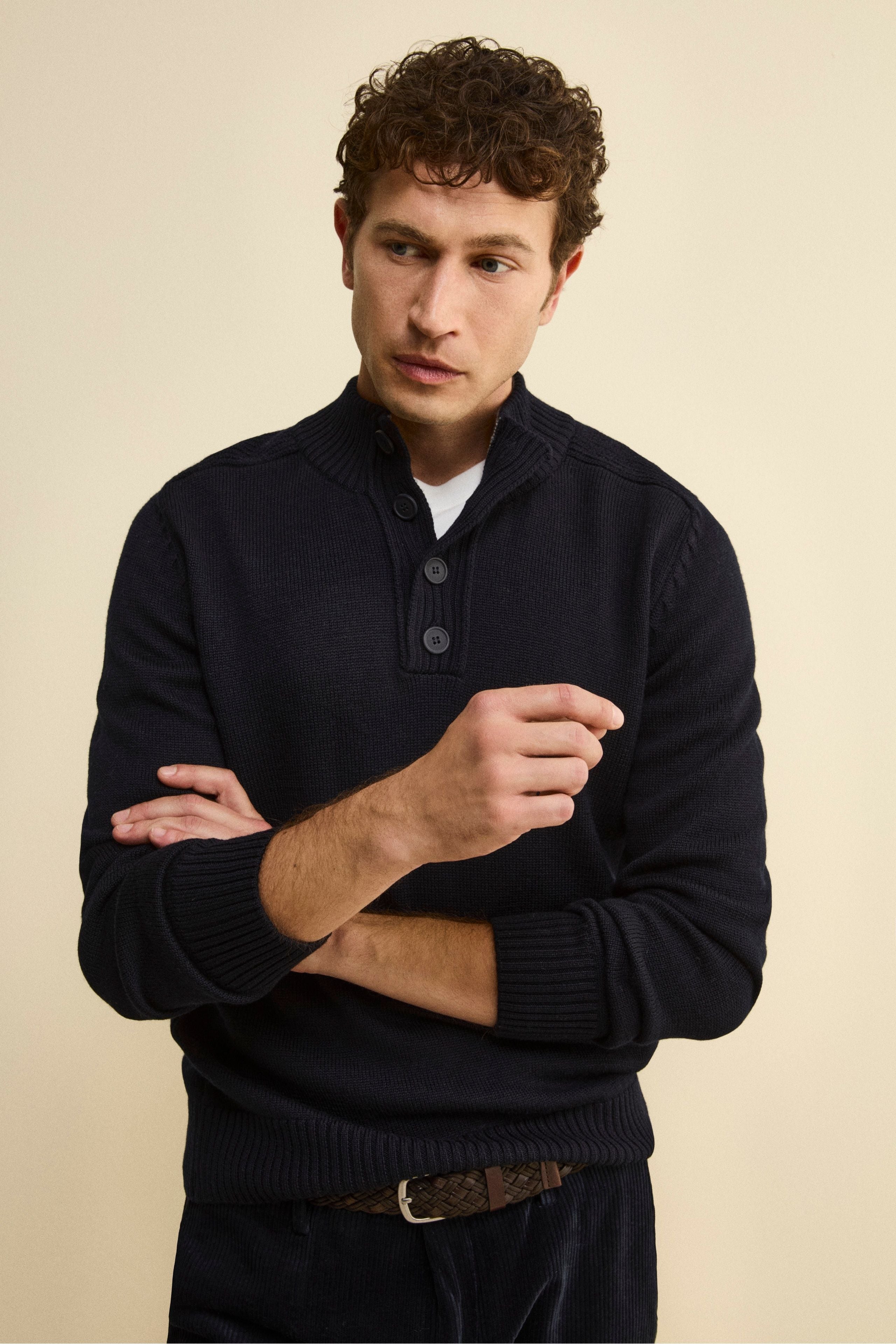 Buttoned Mock Neck in Mouline Virgin Wool - BLUE