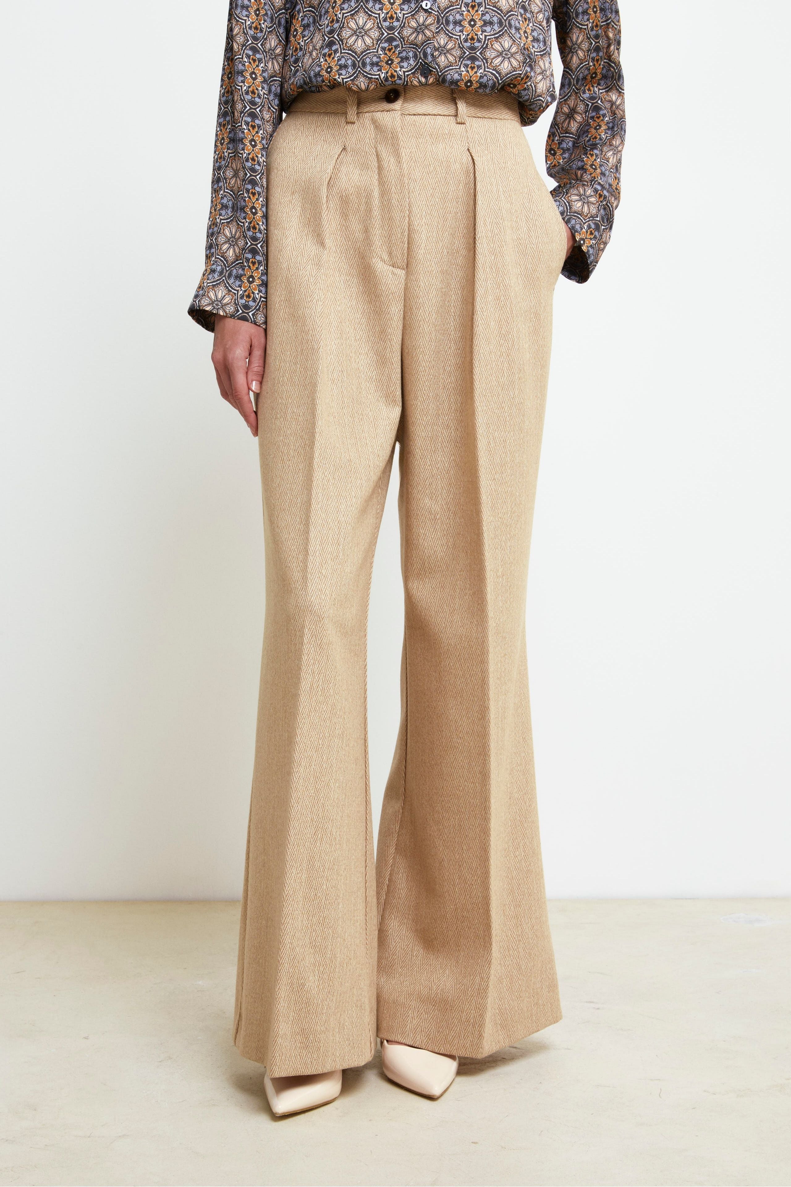 Pantalone Gamba Larga in Lana - BEIGE SPIGATO