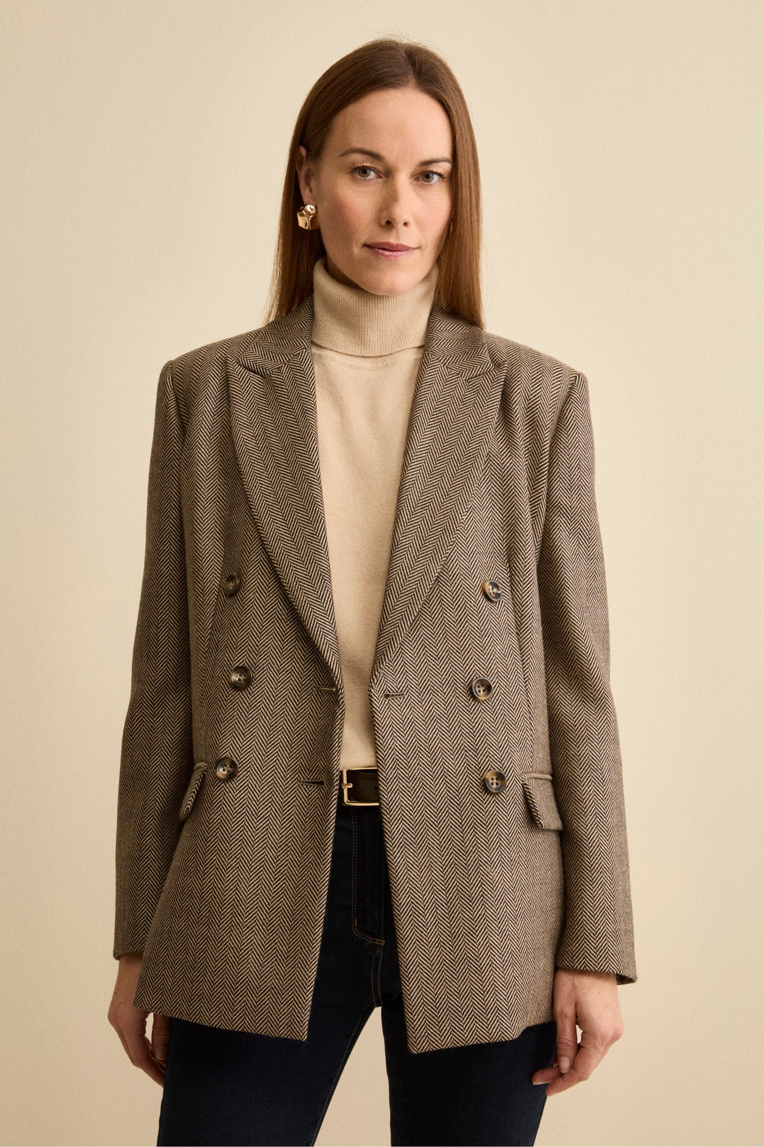 Lined Double-Breasted Blazer in Virgin Wool - BRICK HERRINGBONE