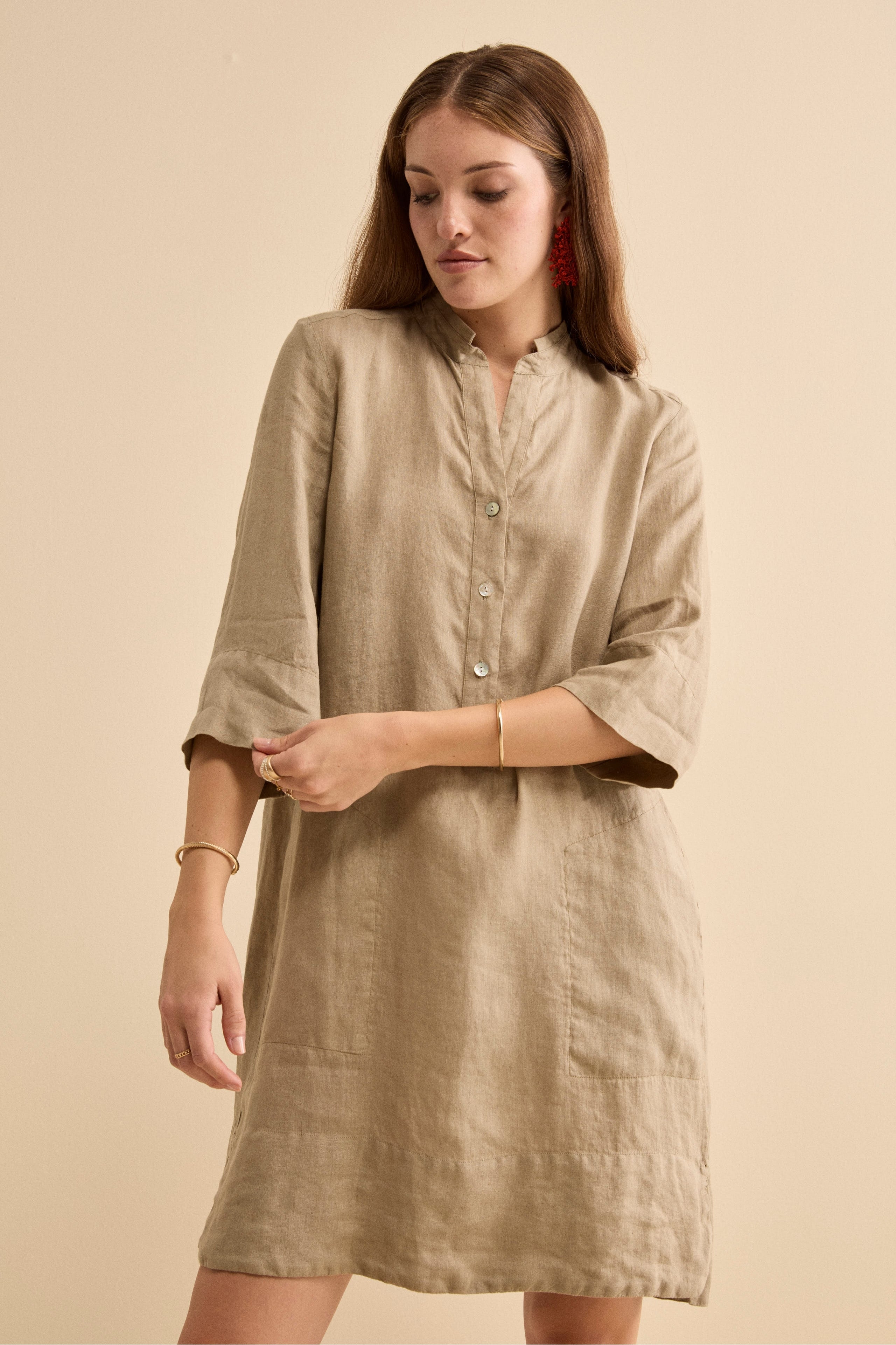 Abito Chemisier Midi in Lino con Collo Coreana - TORTORA