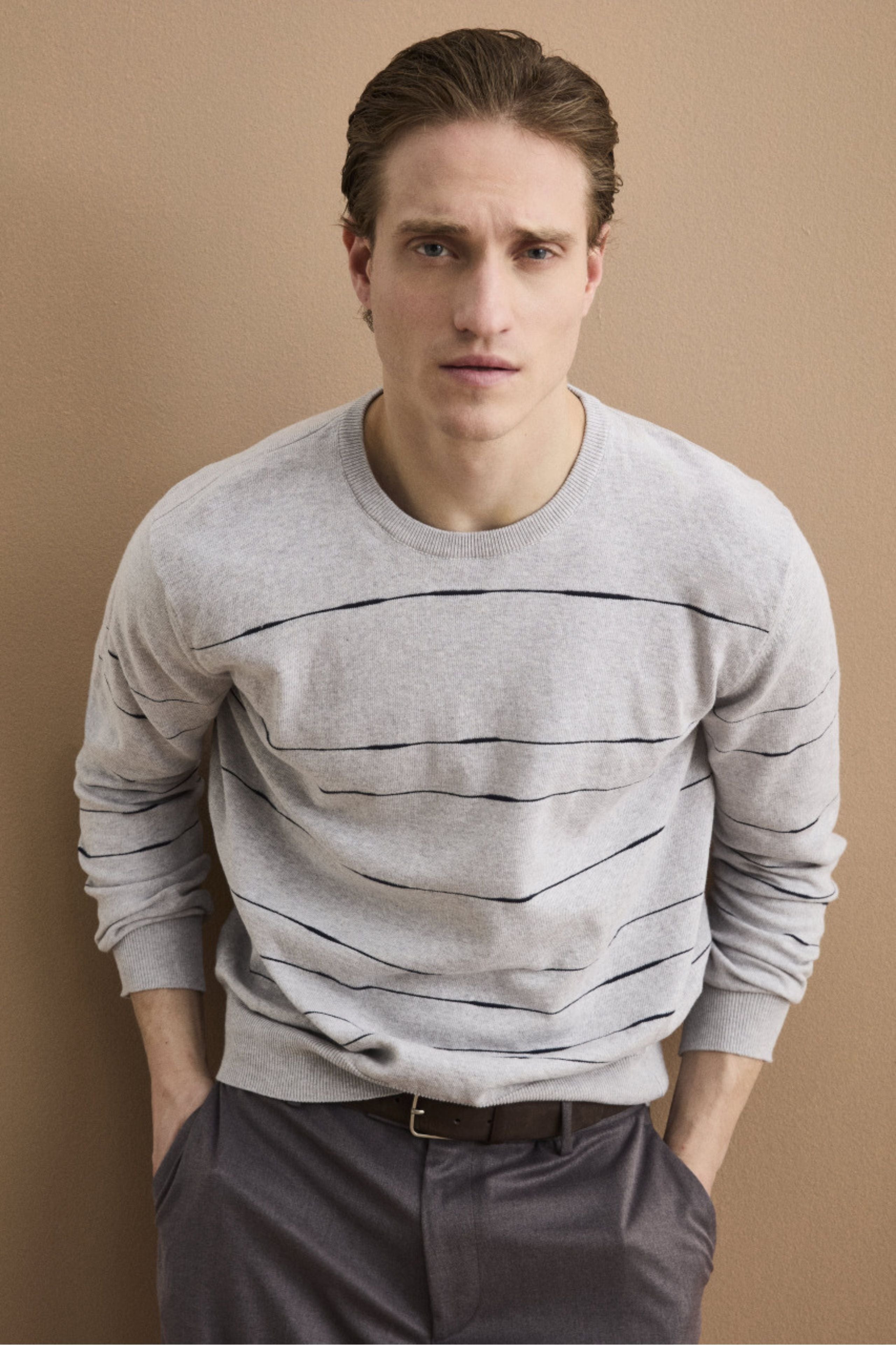 Maglia Girocollo a Righe Regular Fit in Cotone - GRIGIO/BLU