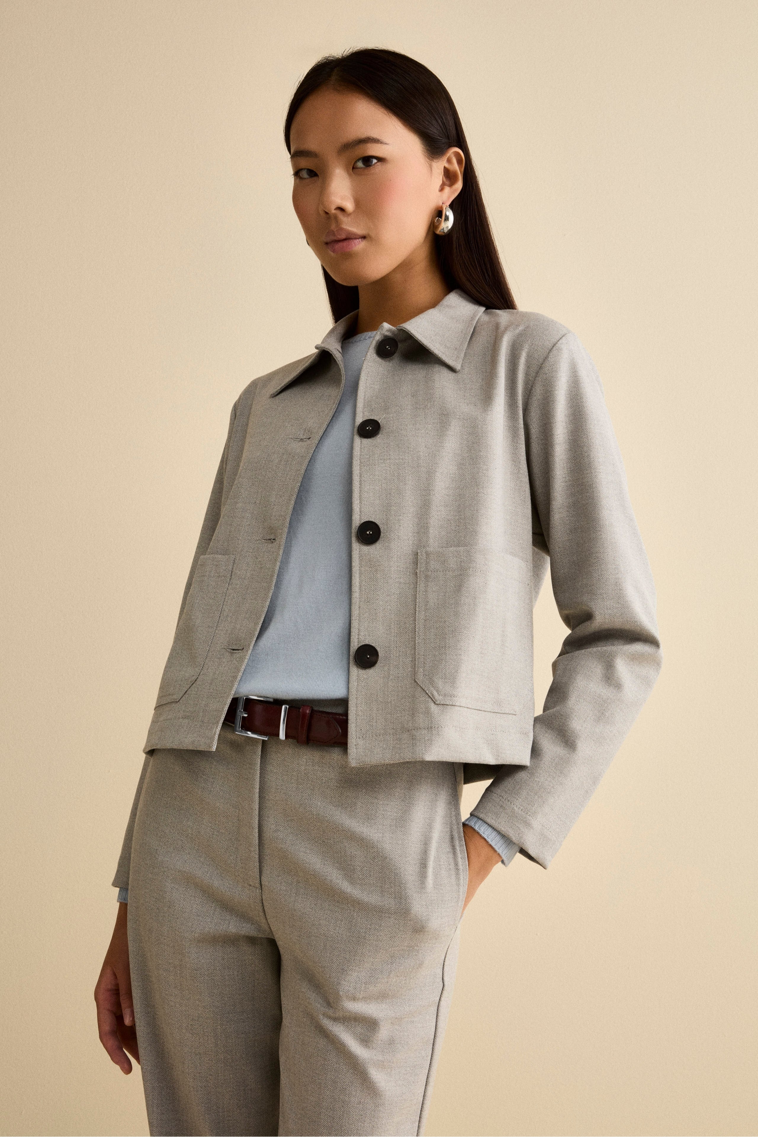 Short Herringbone Overshirt Jacket - Grey herringbone