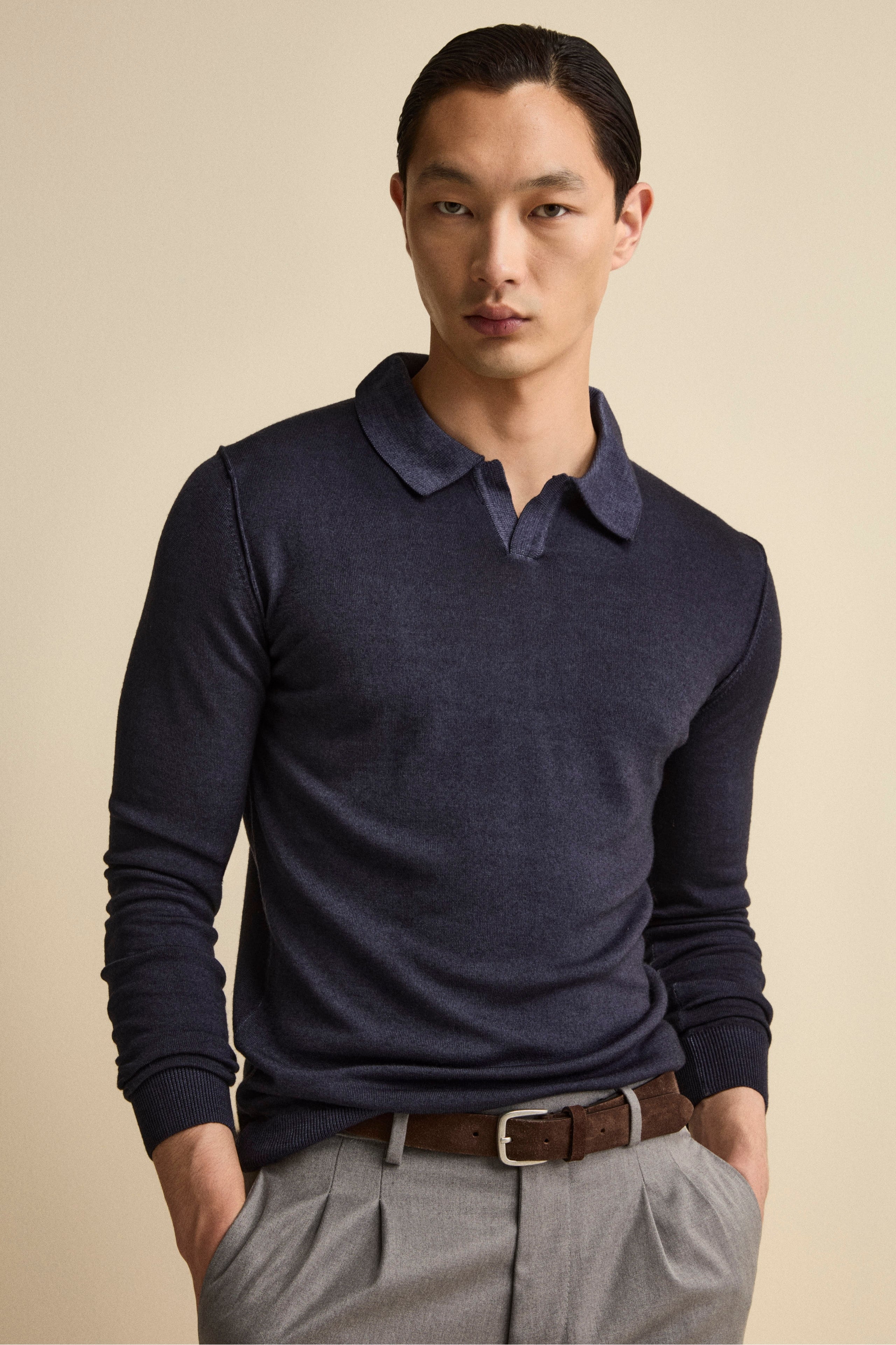 Merino wool derby polo shirt - BLUE MARINE