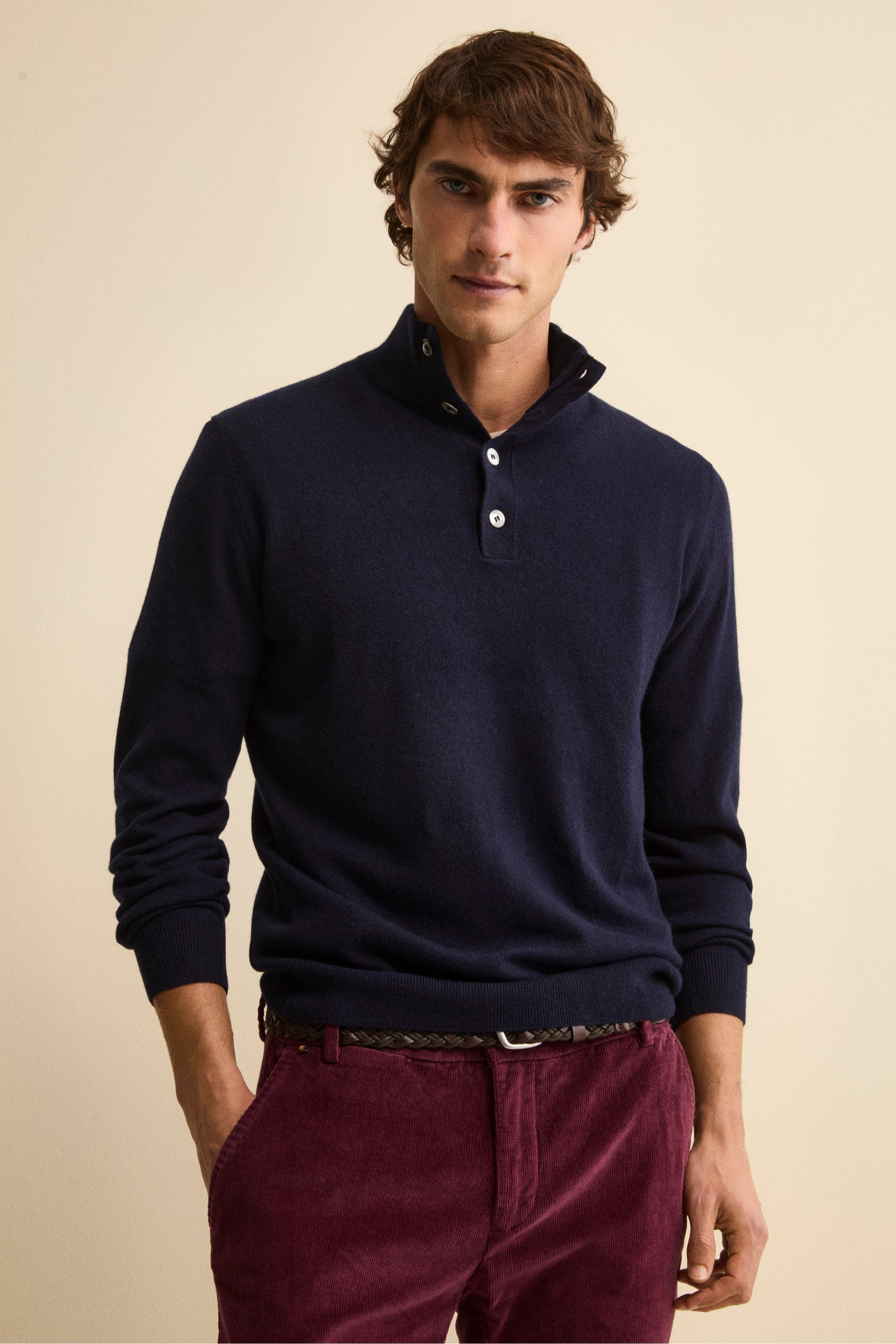 Henley Sweater in Wool and Cashmere - BLUE