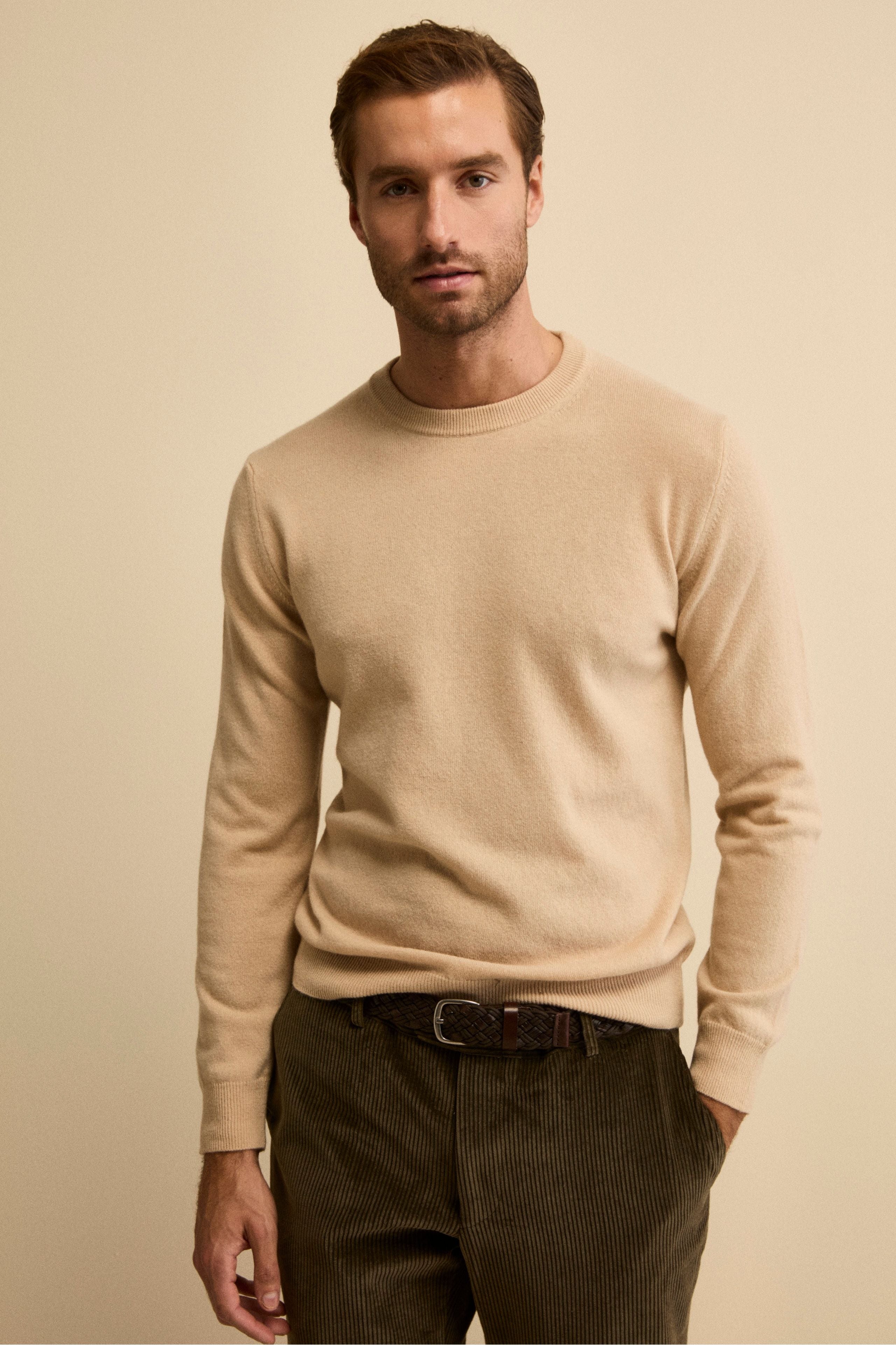 Crew-neck sweater in wool - Sand brown