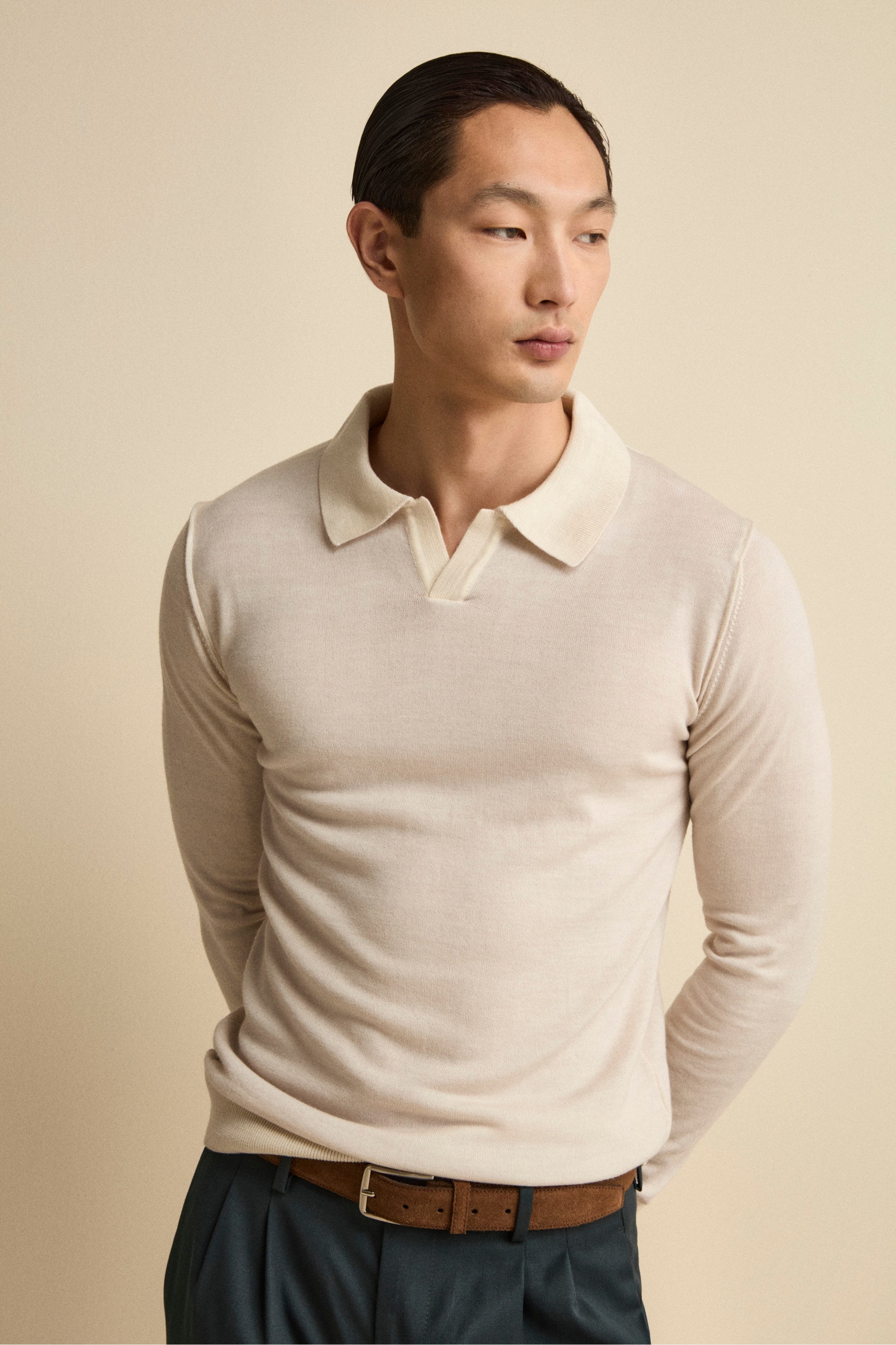 Merino wool derby polo shirt - Butter white