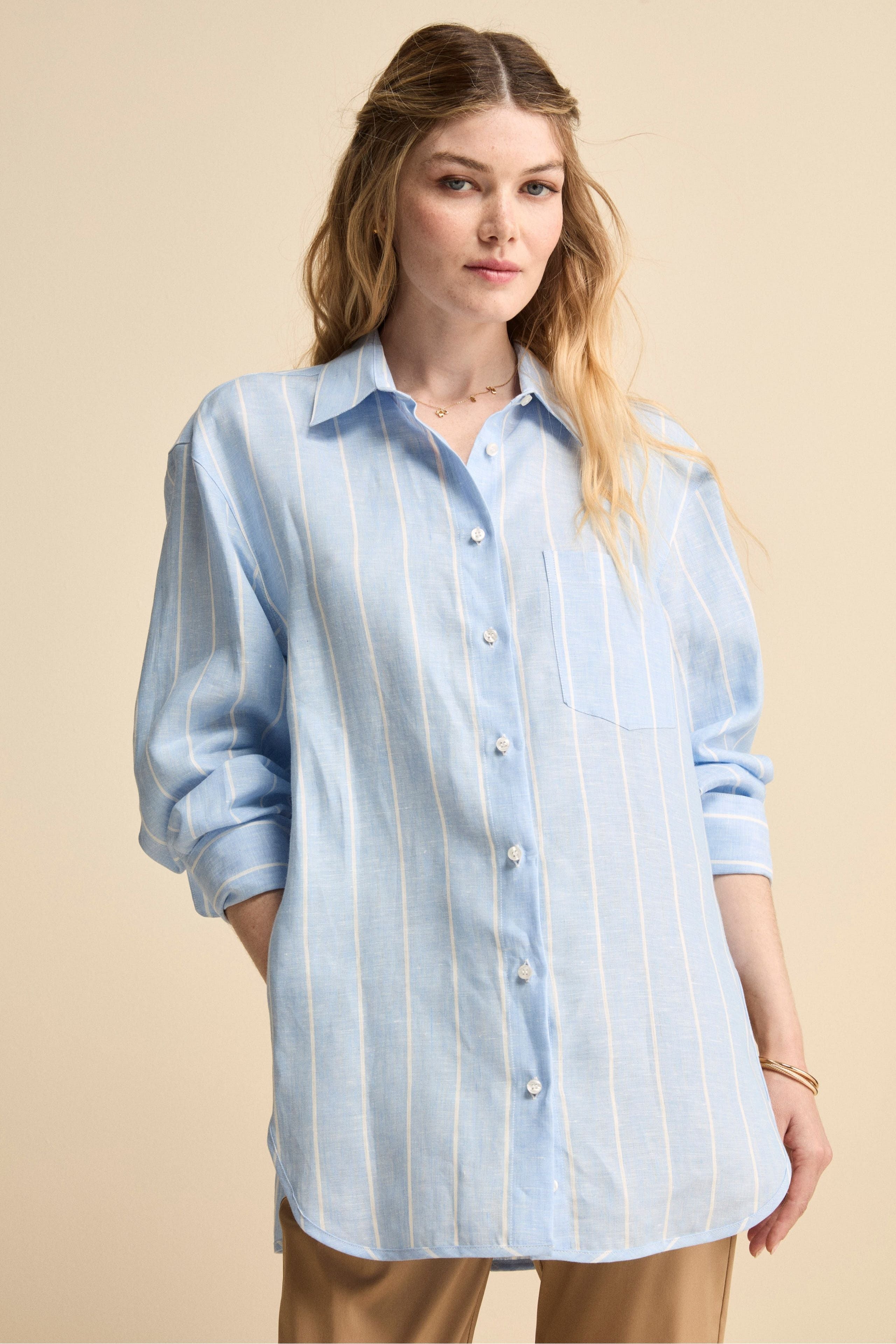 Camicia Over in Lino con Taschino - AZZURRO RIGATO