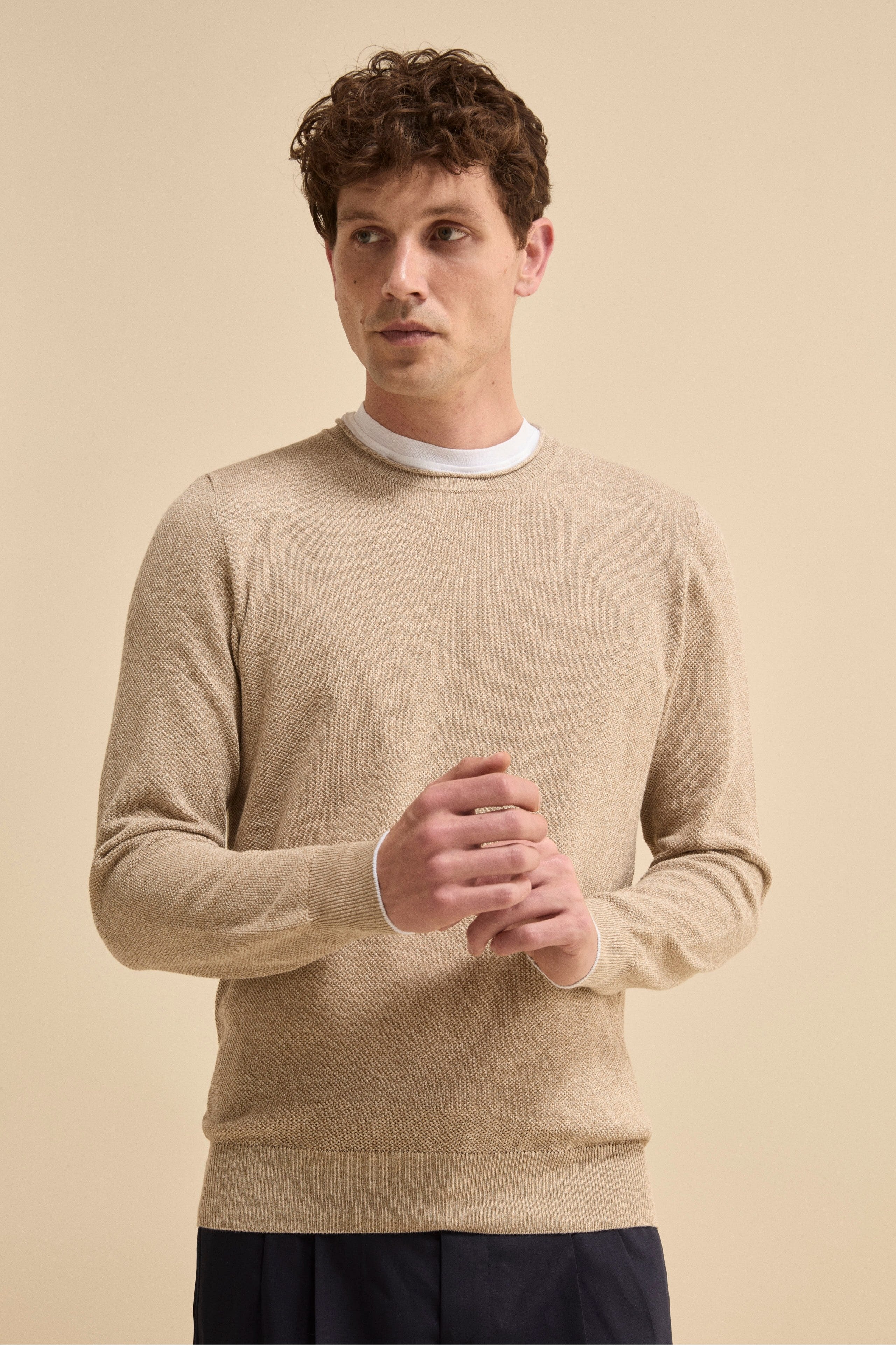 Maglia Girocollo Bicolore in Cotone - BEIGE/BIANCO