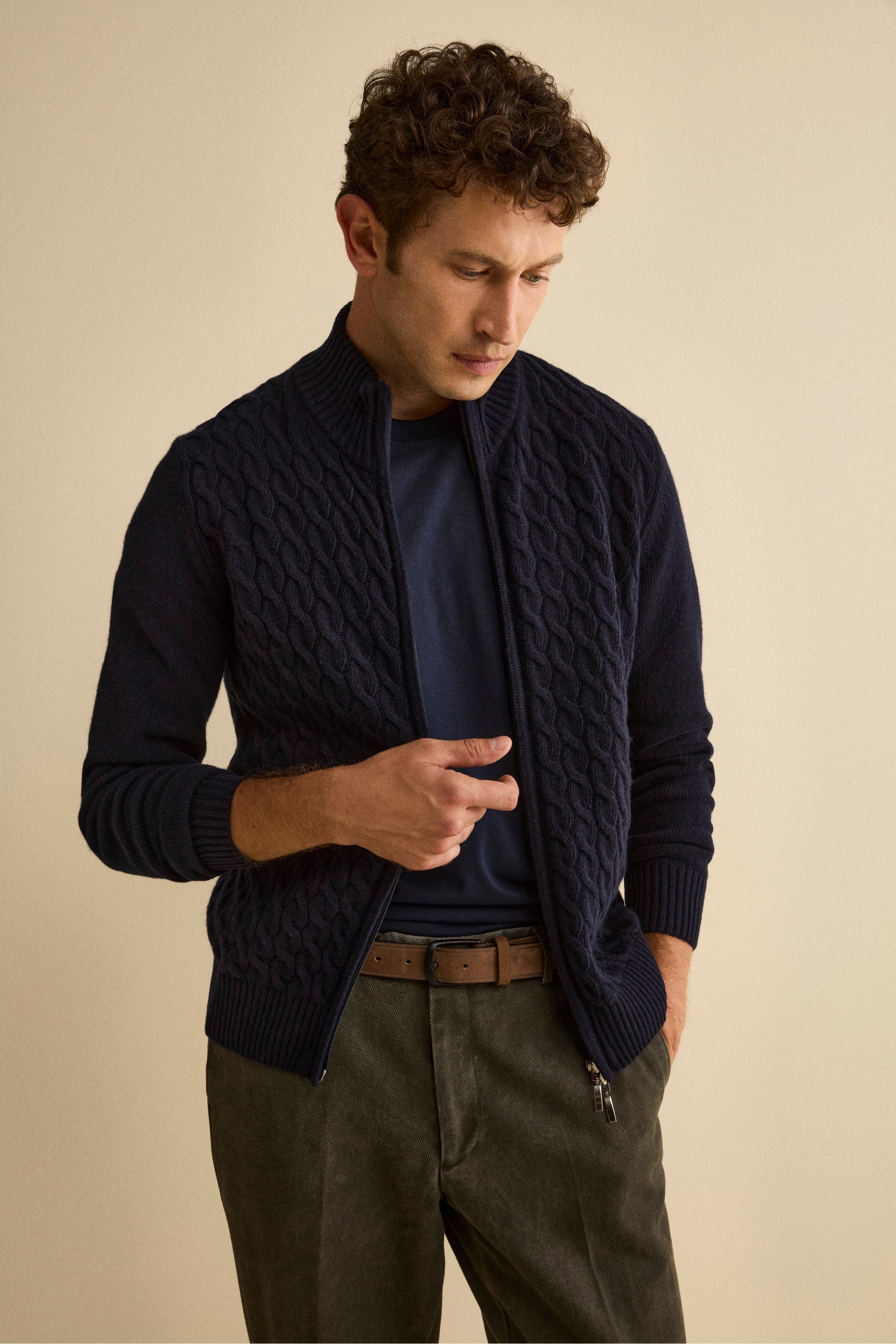 Cable-Knit Wool Bomber with Mock Neck - BLUE