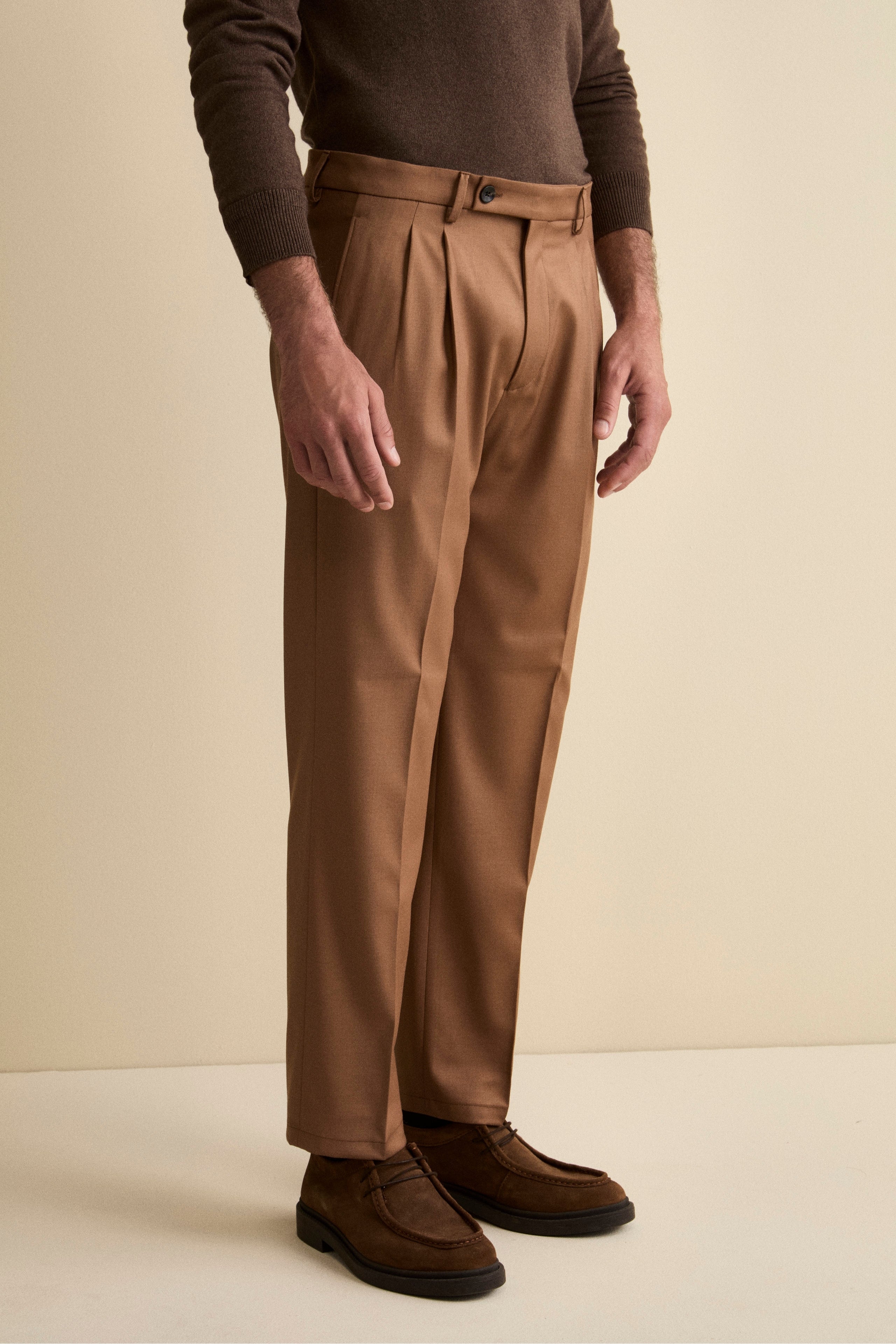 Wide-Leg Wool Blend Trousers with Pleats - Camel