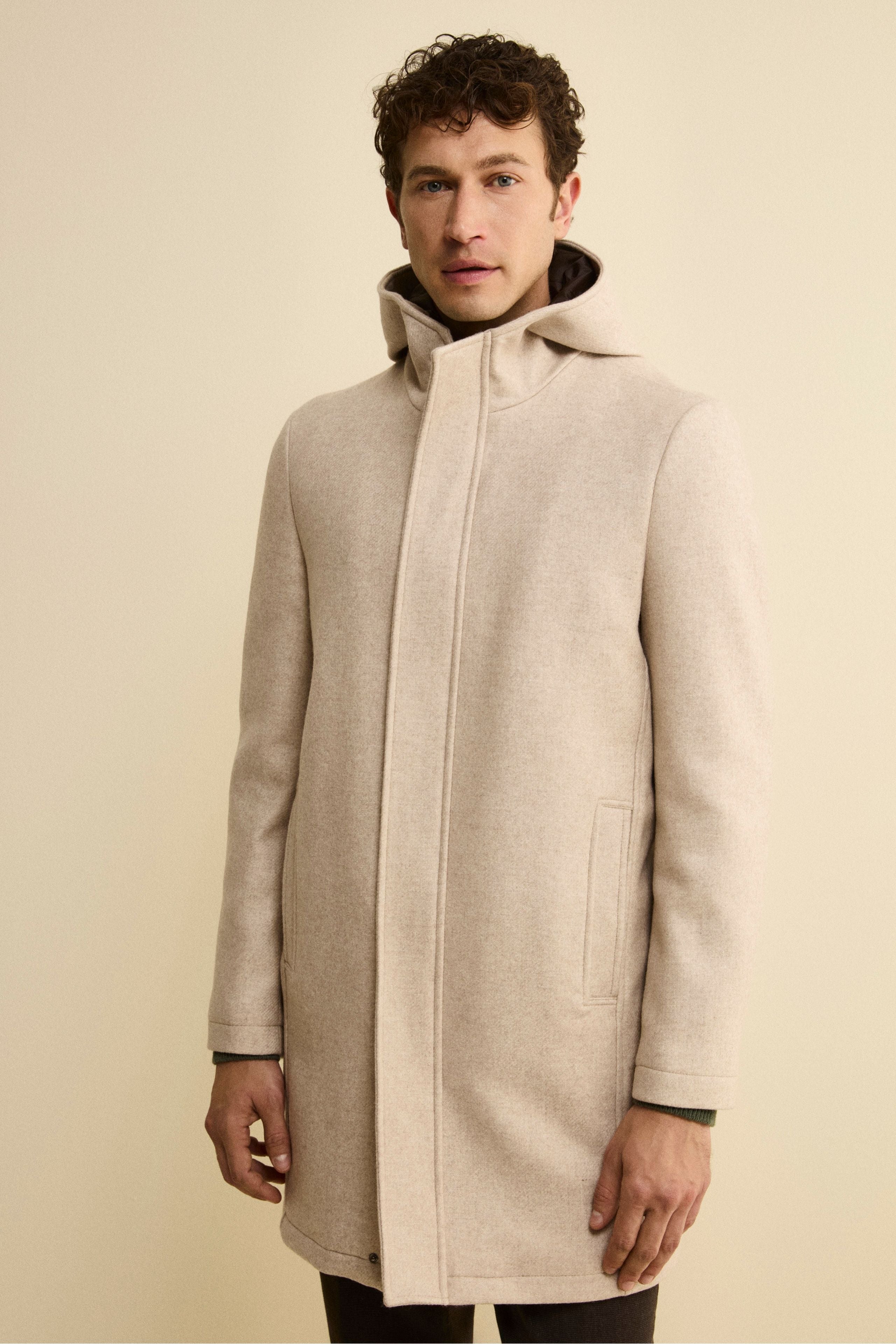 Twill Wool Blend Coat with Zip and Hood - gray