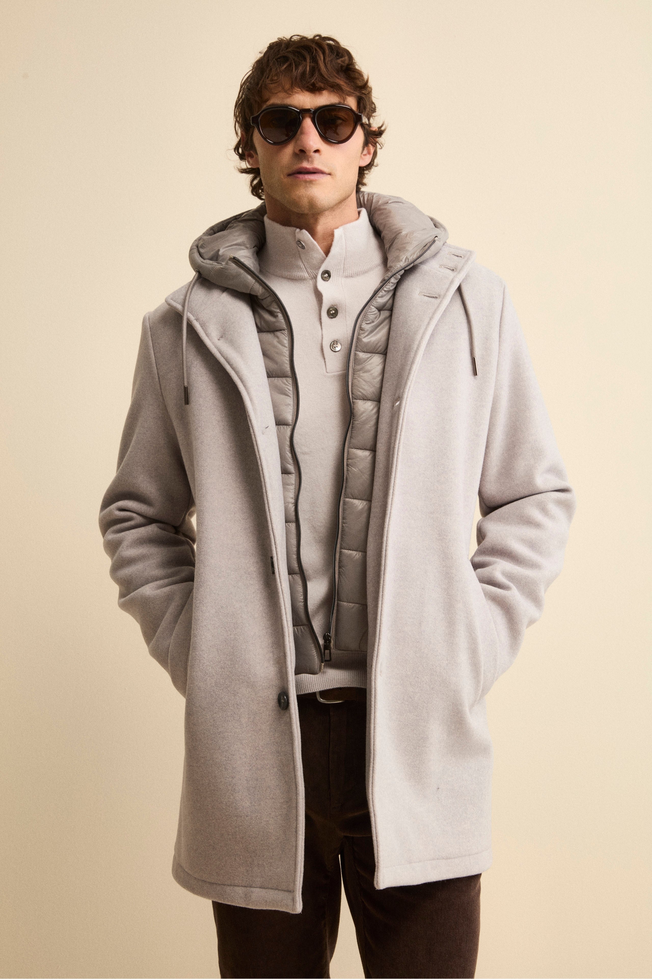Wool Blend Coat with Removable Hood - Light grey