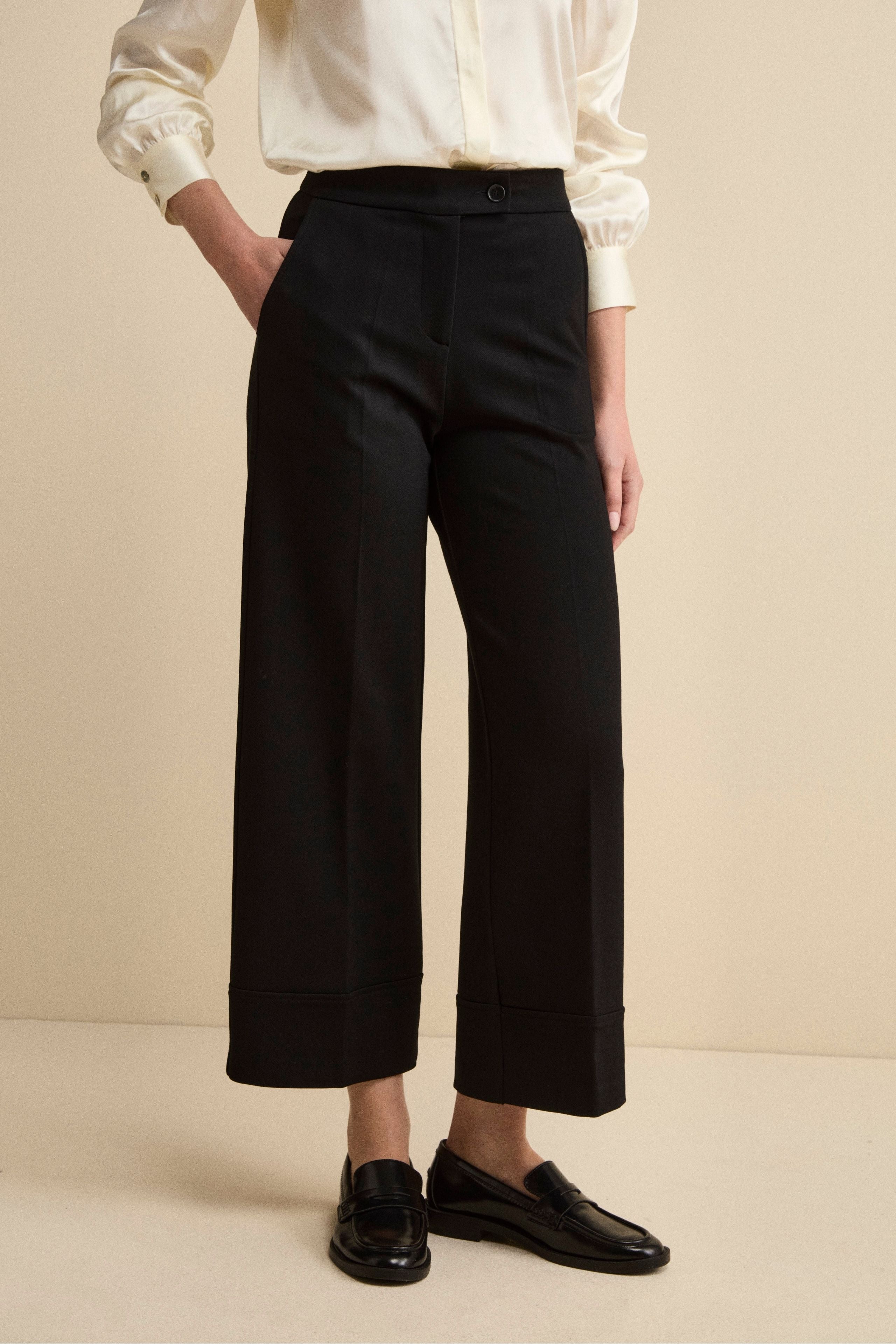 Wide-Leg Cuffed Pleated Trousers - BLACK