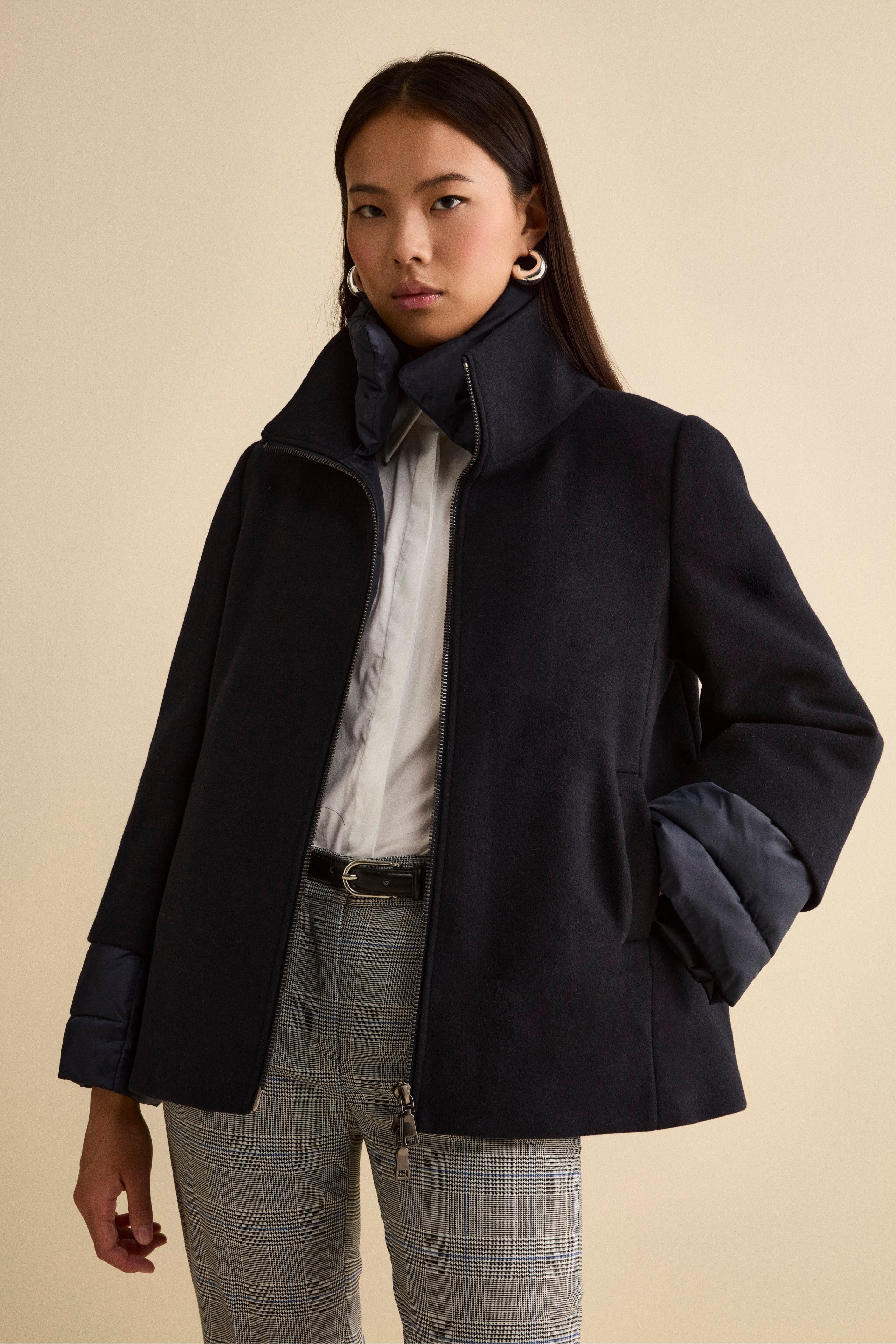 Quilted Flared Jacket with Zip - BLUE