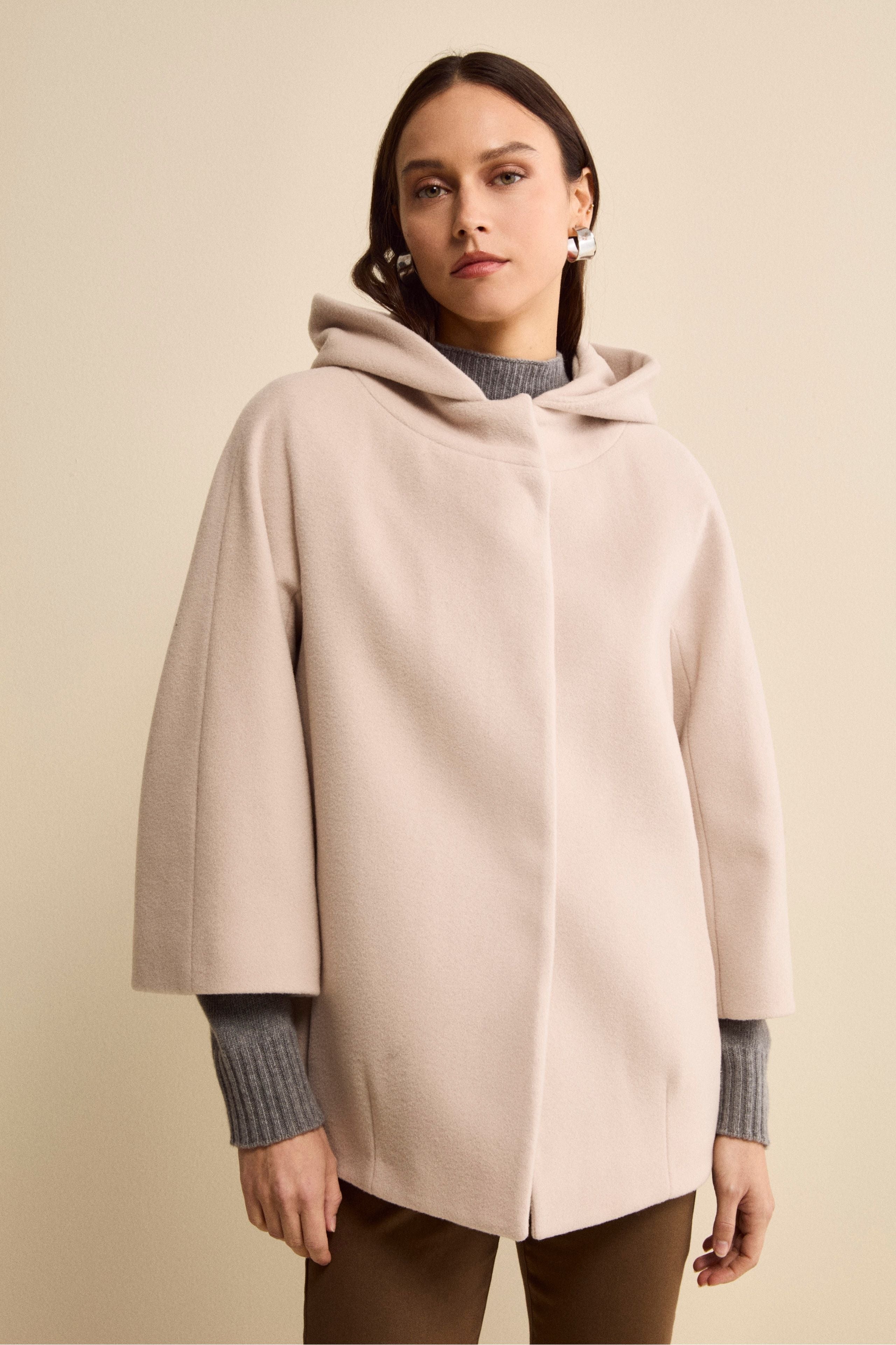 Wool and Cashmere Cape with Hood and Lining - ALMOND