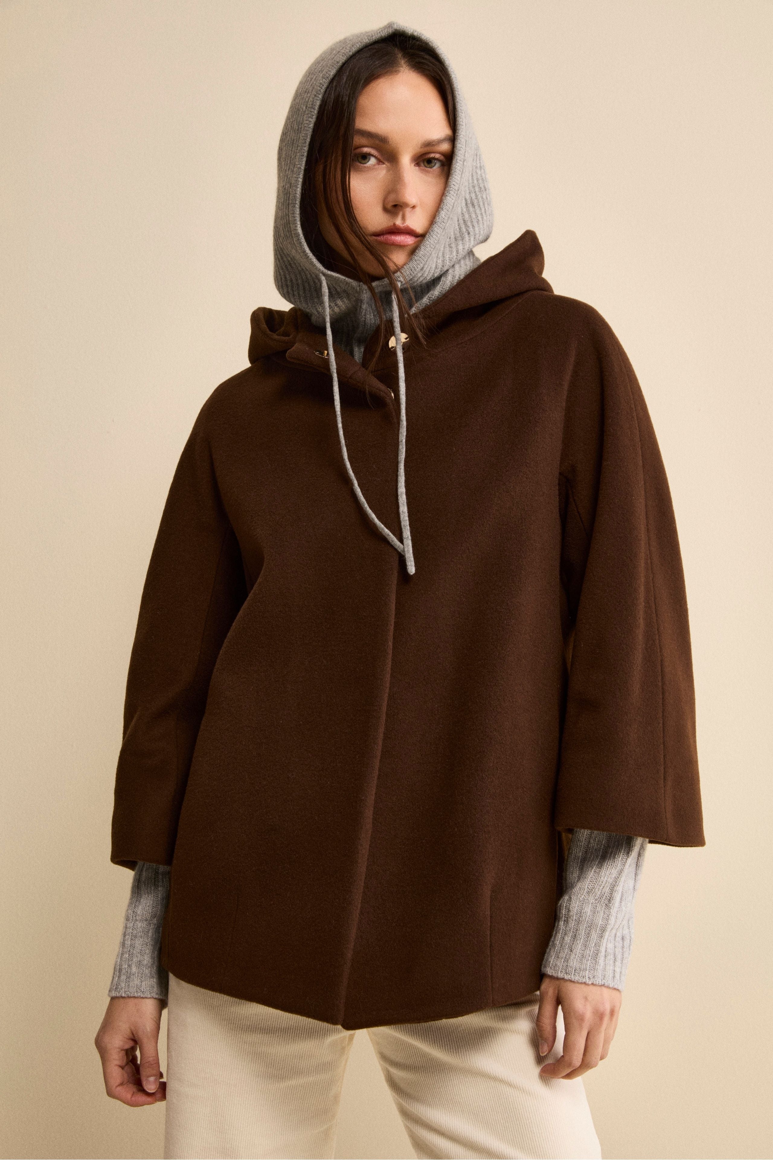Wool and Cashmere Cape with Hood and Lining - brown