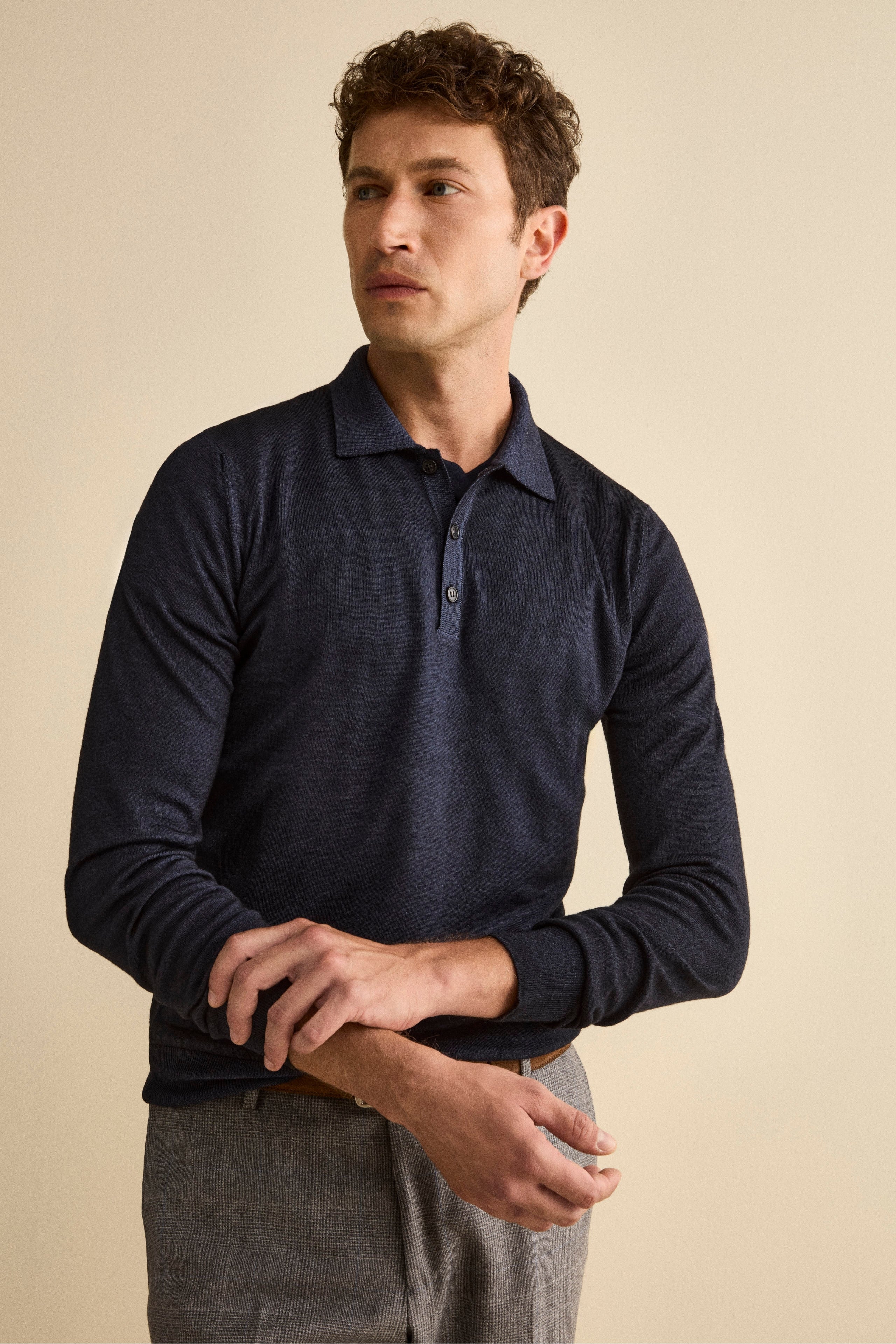 Knit Polo with Buttons in Merino Wool - BLUE