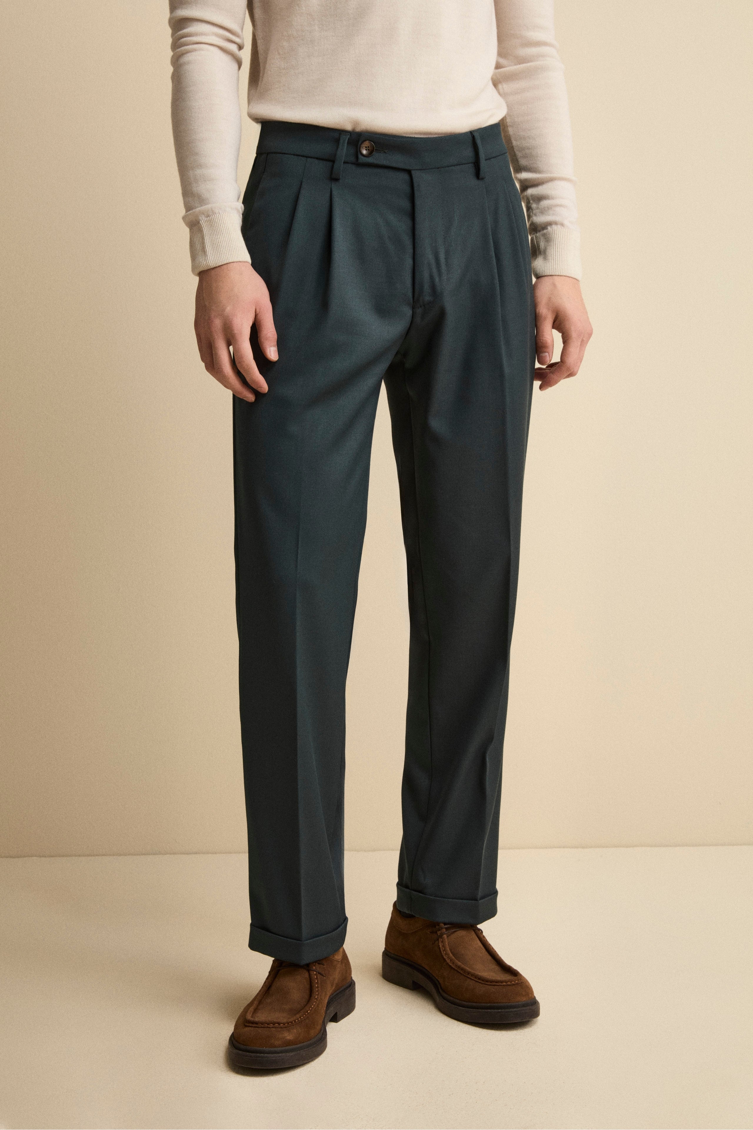 Straight-Leg Wool-Blend Trousers with Pleats and Cuffed Hem - Dark green