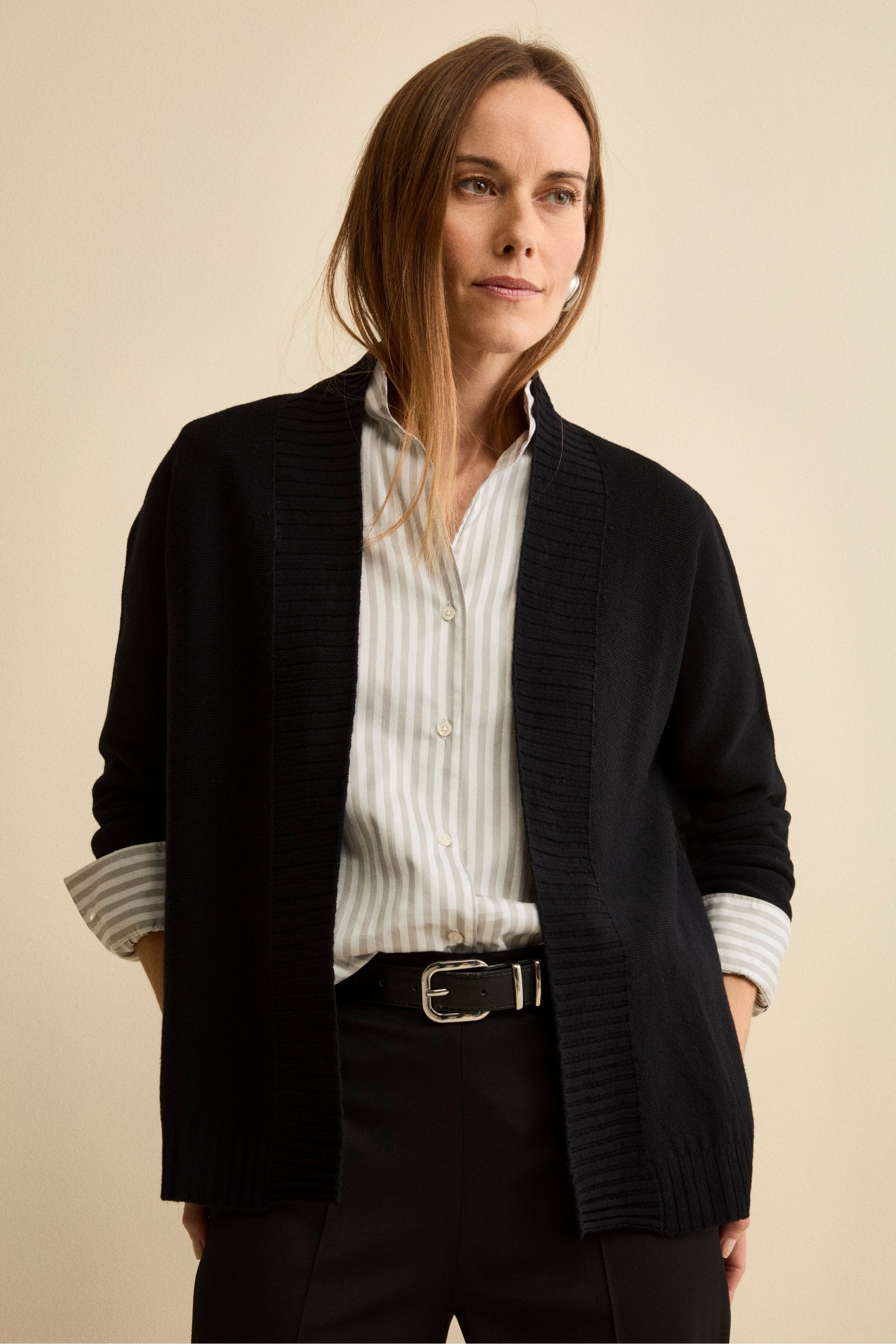 Long Wool Cardigan with Shawl Collar - BLACK