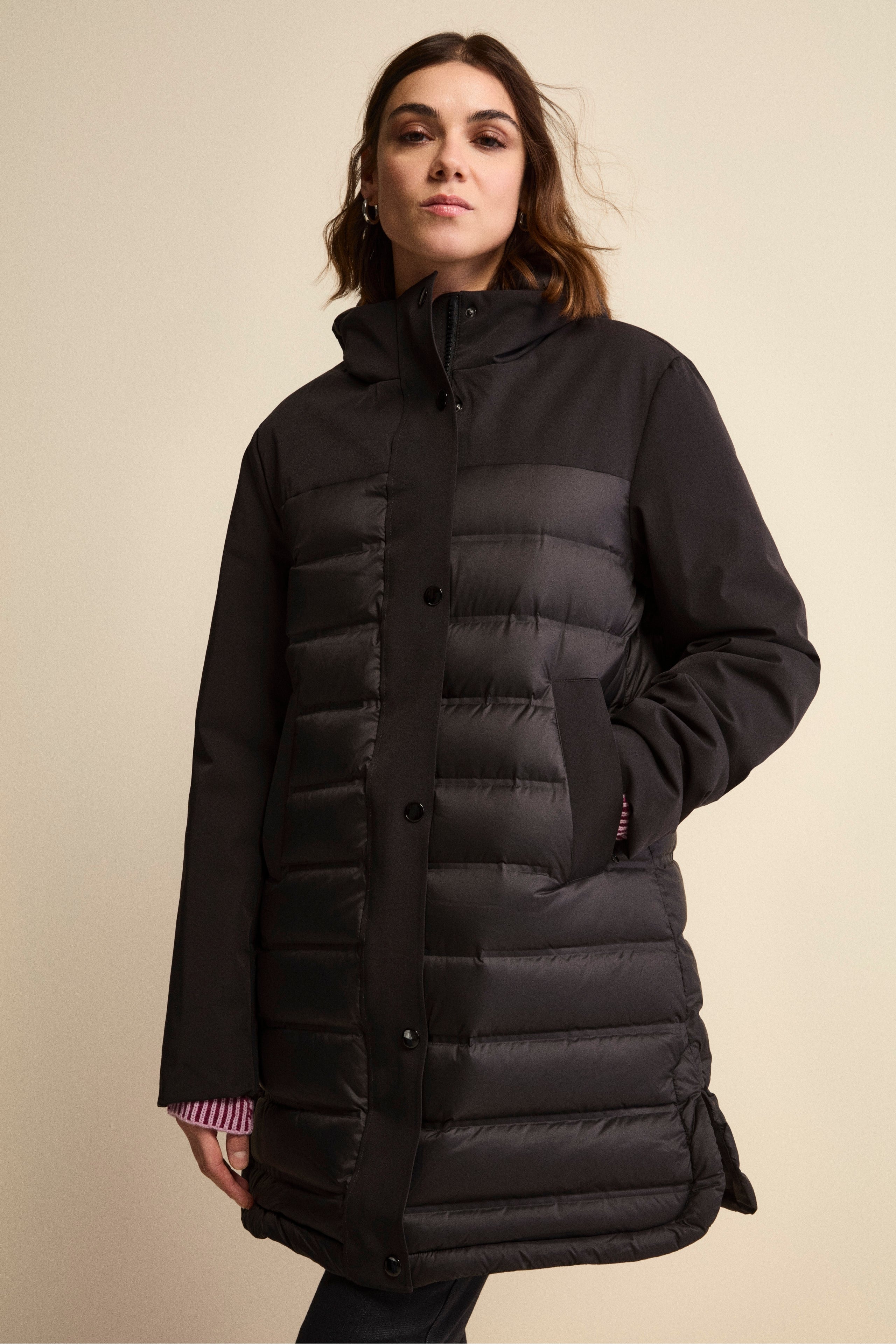 Long Padded Coat in Double Fabric - BLACK