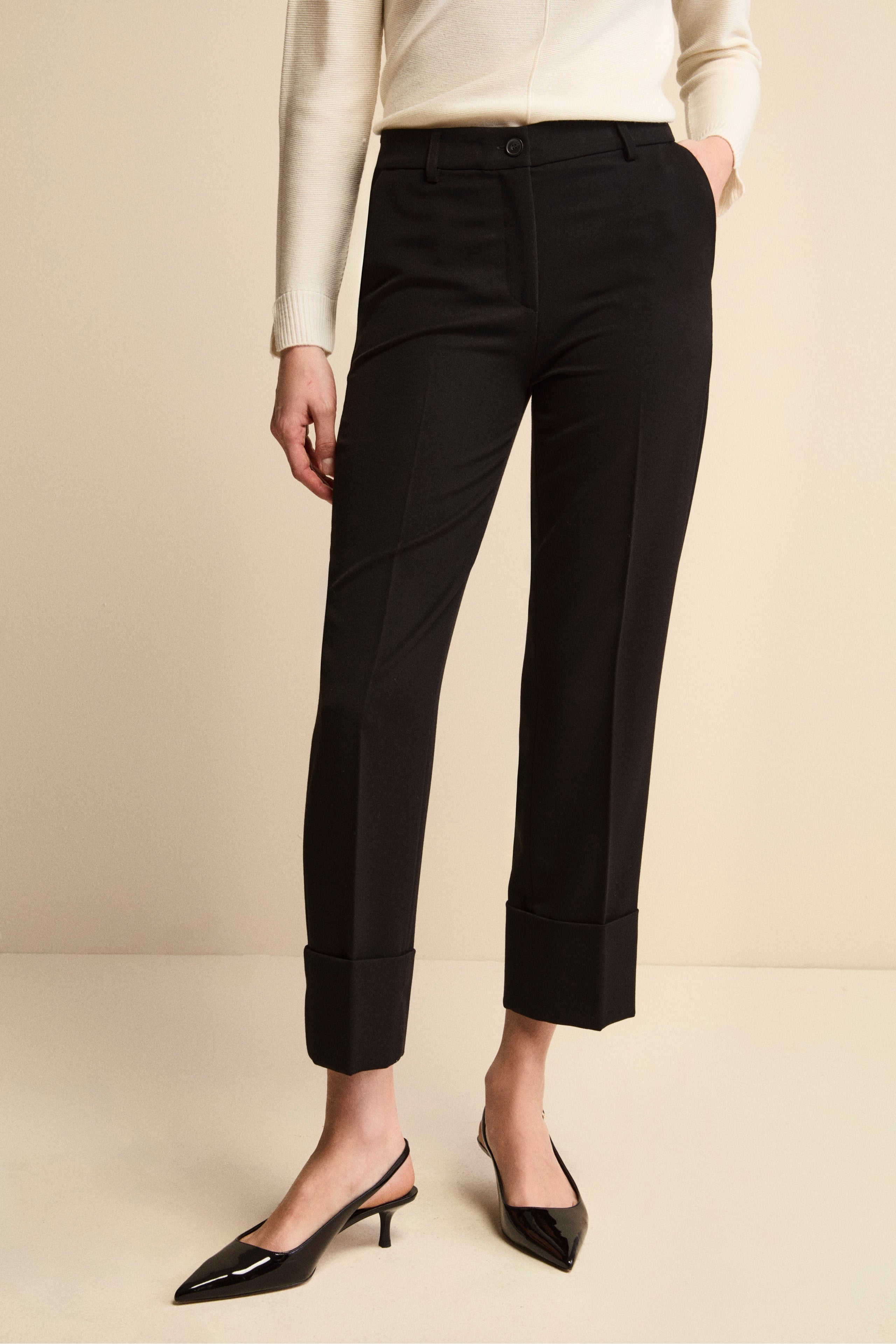 Cigarette Trousers with Pleats and Cuffs - BLACK