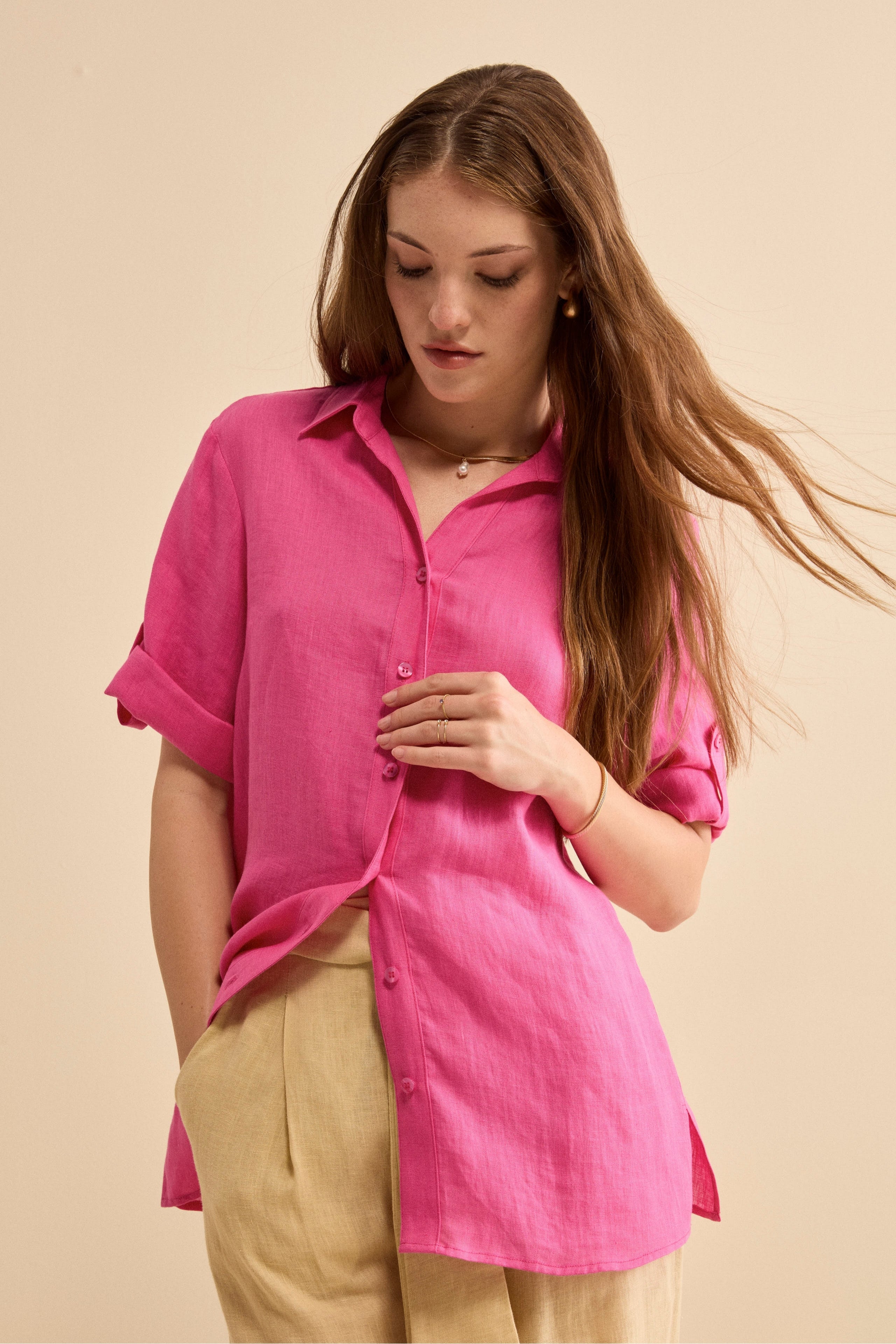 Camicia Over in Lino con Risvolto - FUXIA
