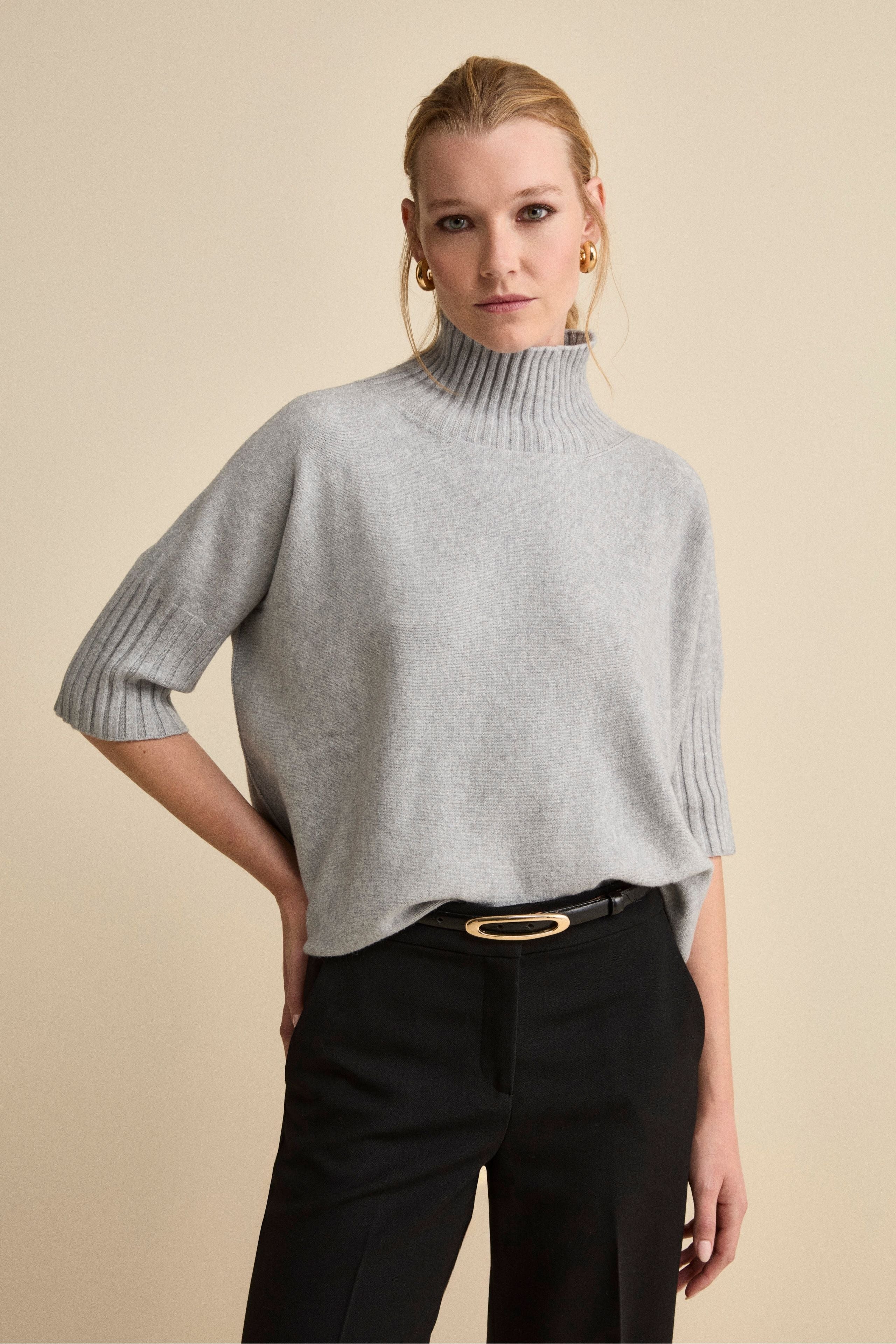 Oversized Mock-Neck Half-Sleeve Sweater - Medium grey