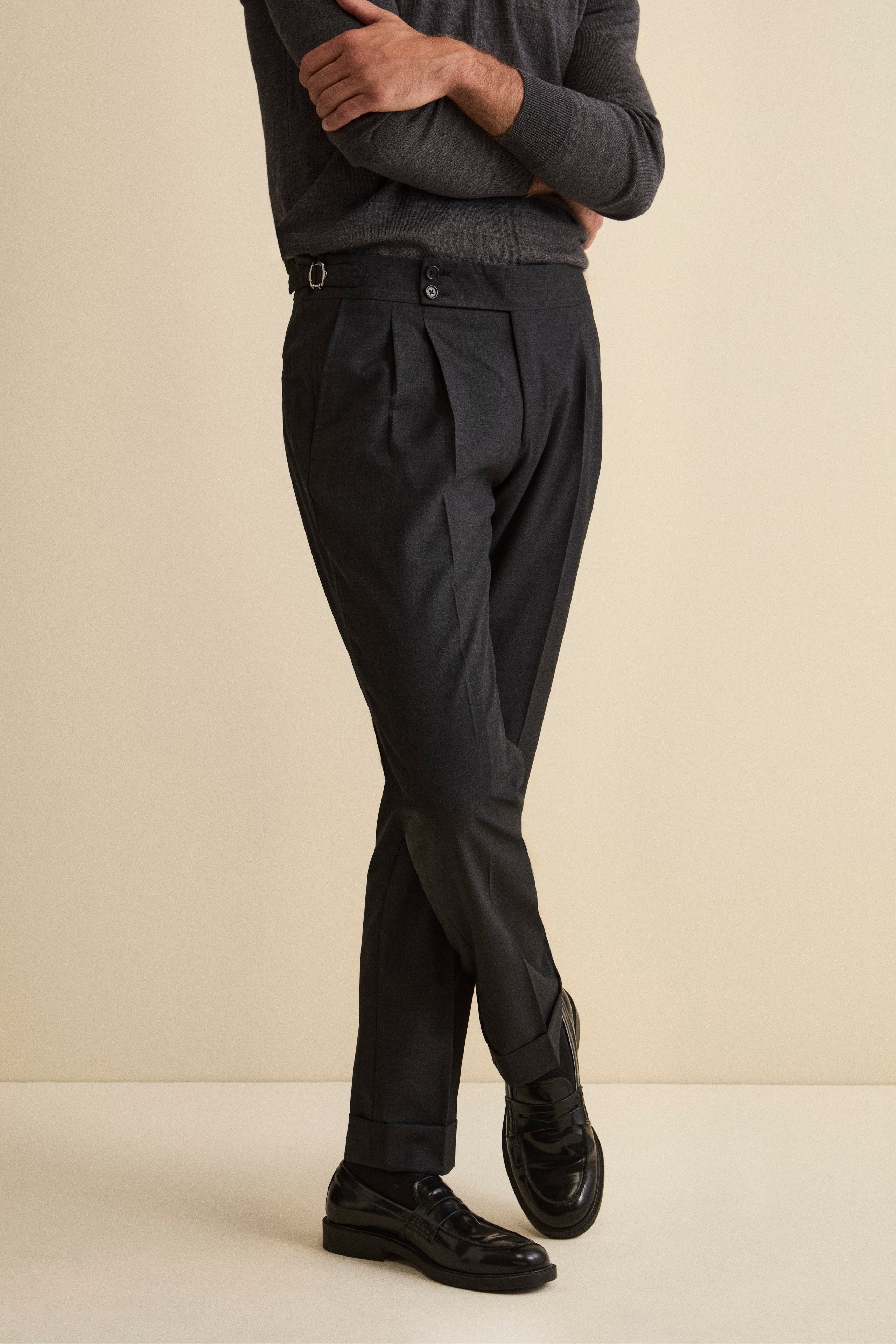 Pantalon Droit en Laine Vierge avec Revers - Gris anthracite