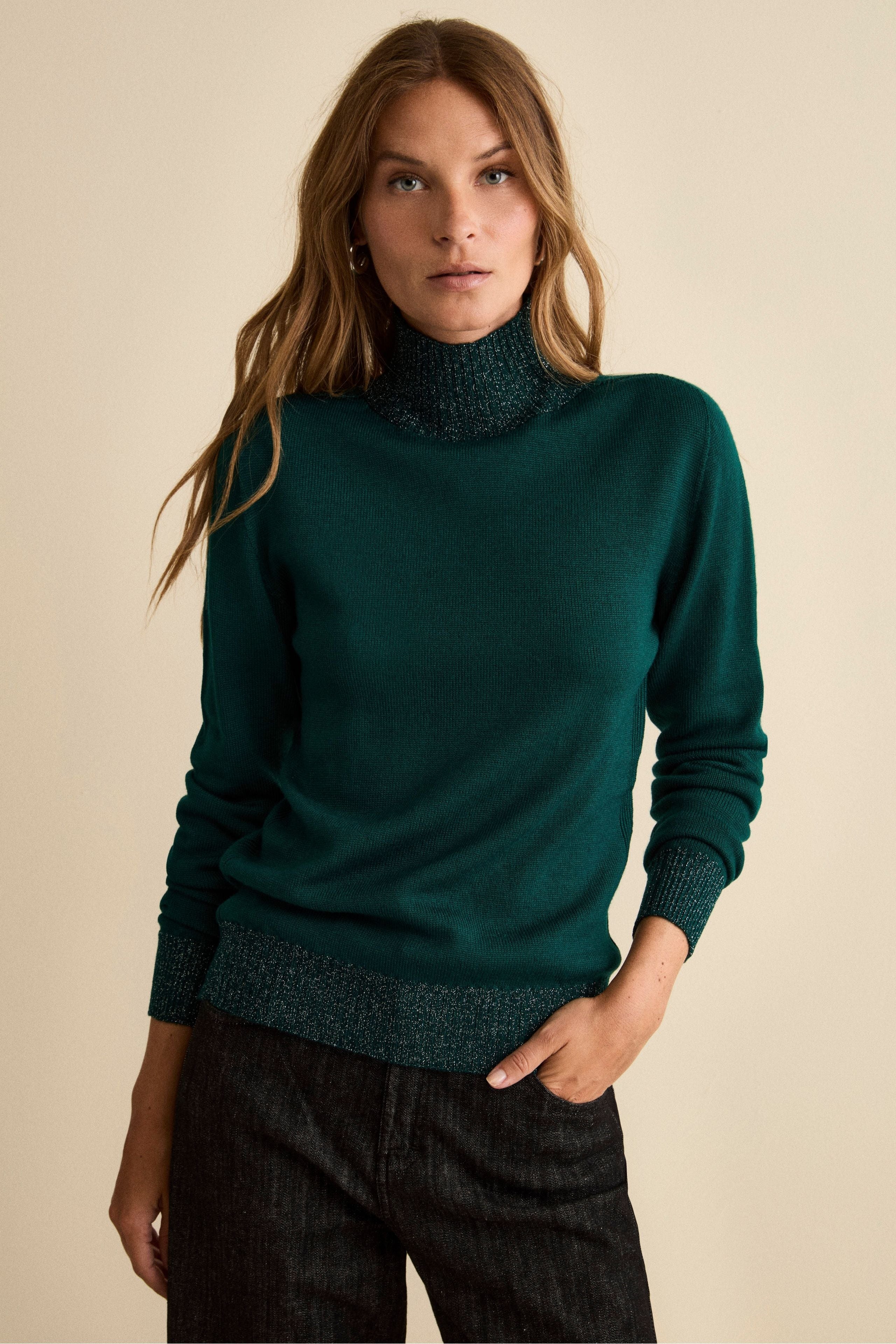 Merino Wool Mock Neck with Lurex Edges - GREEN