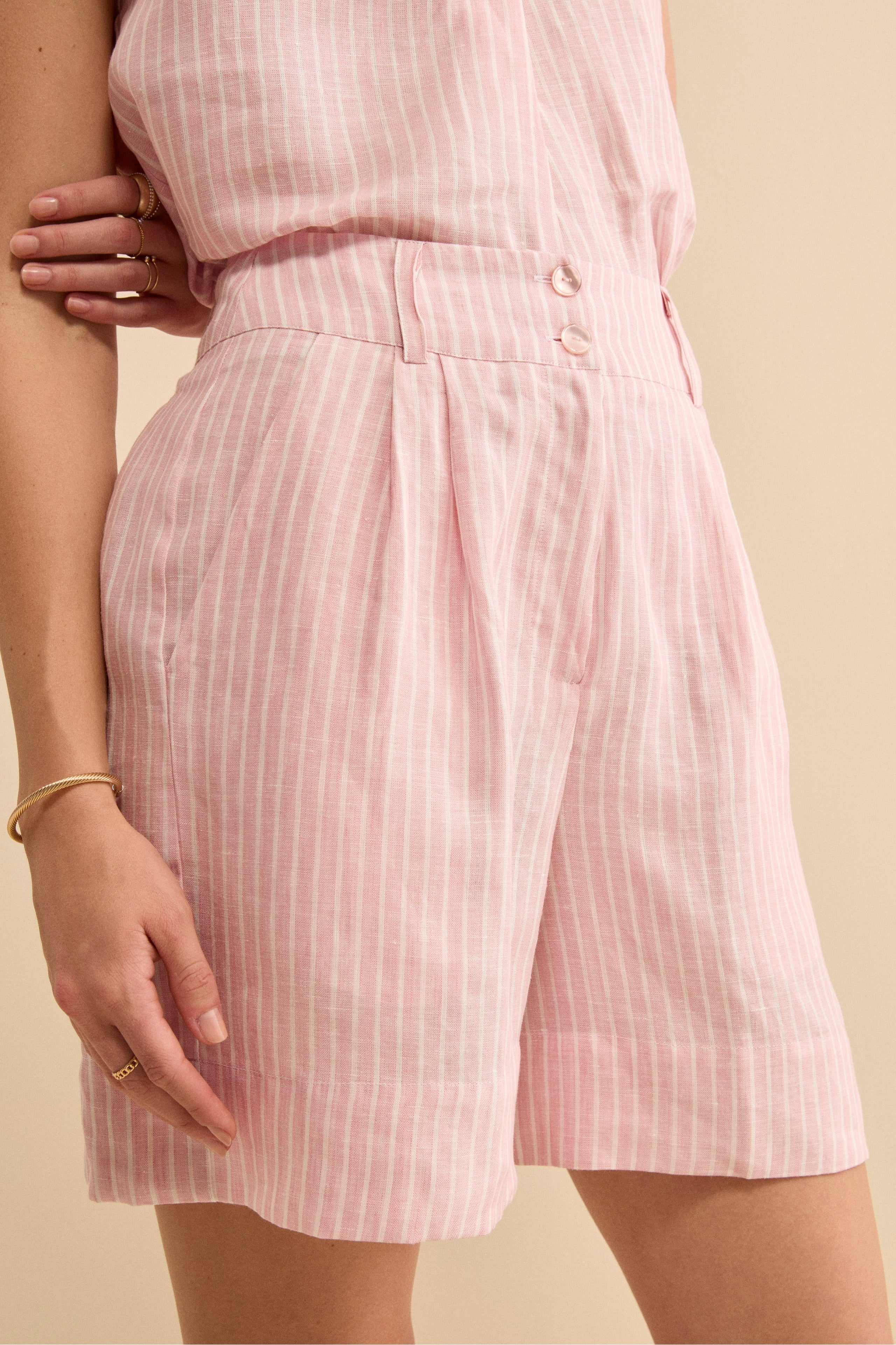 Bermuda in Lino a Righe con Bottoni - ROSA RIGATO