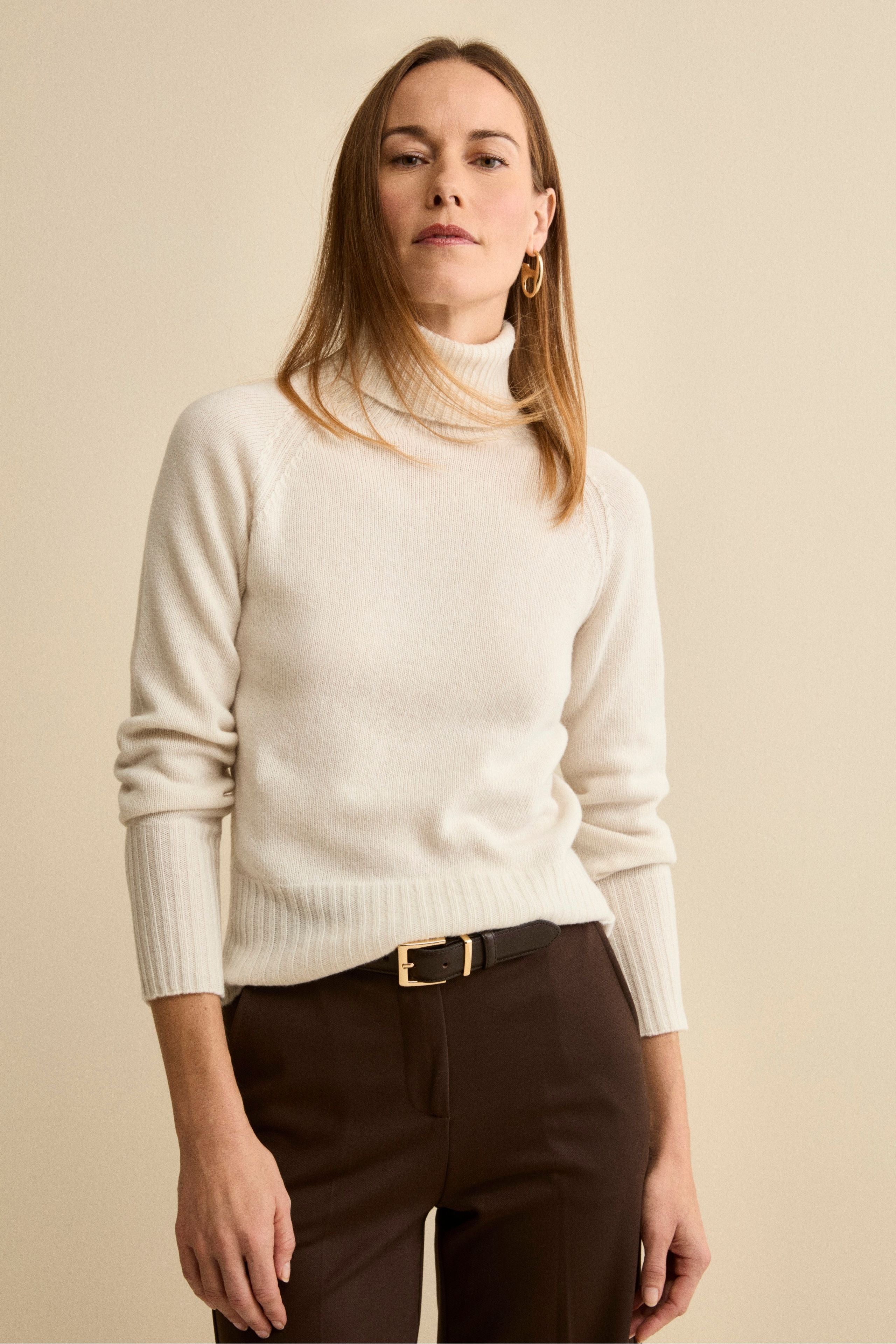 Raglan Turtleneck in Wool and Cashmere with Ribbed Neck - OPTICAL WHITE