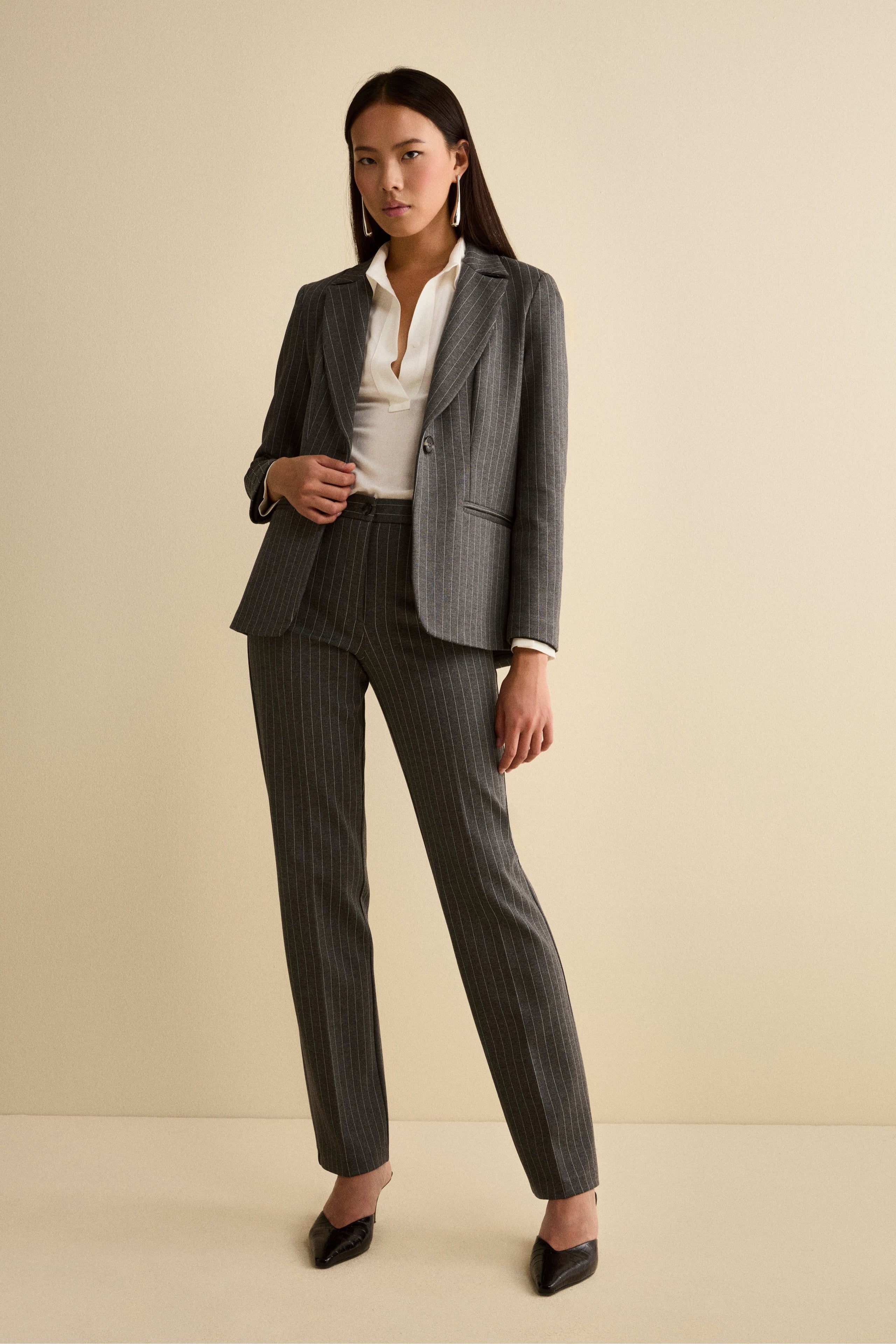 Pinstripe Single-Breasted Suit with Classic Lapel - Grey pinstripe