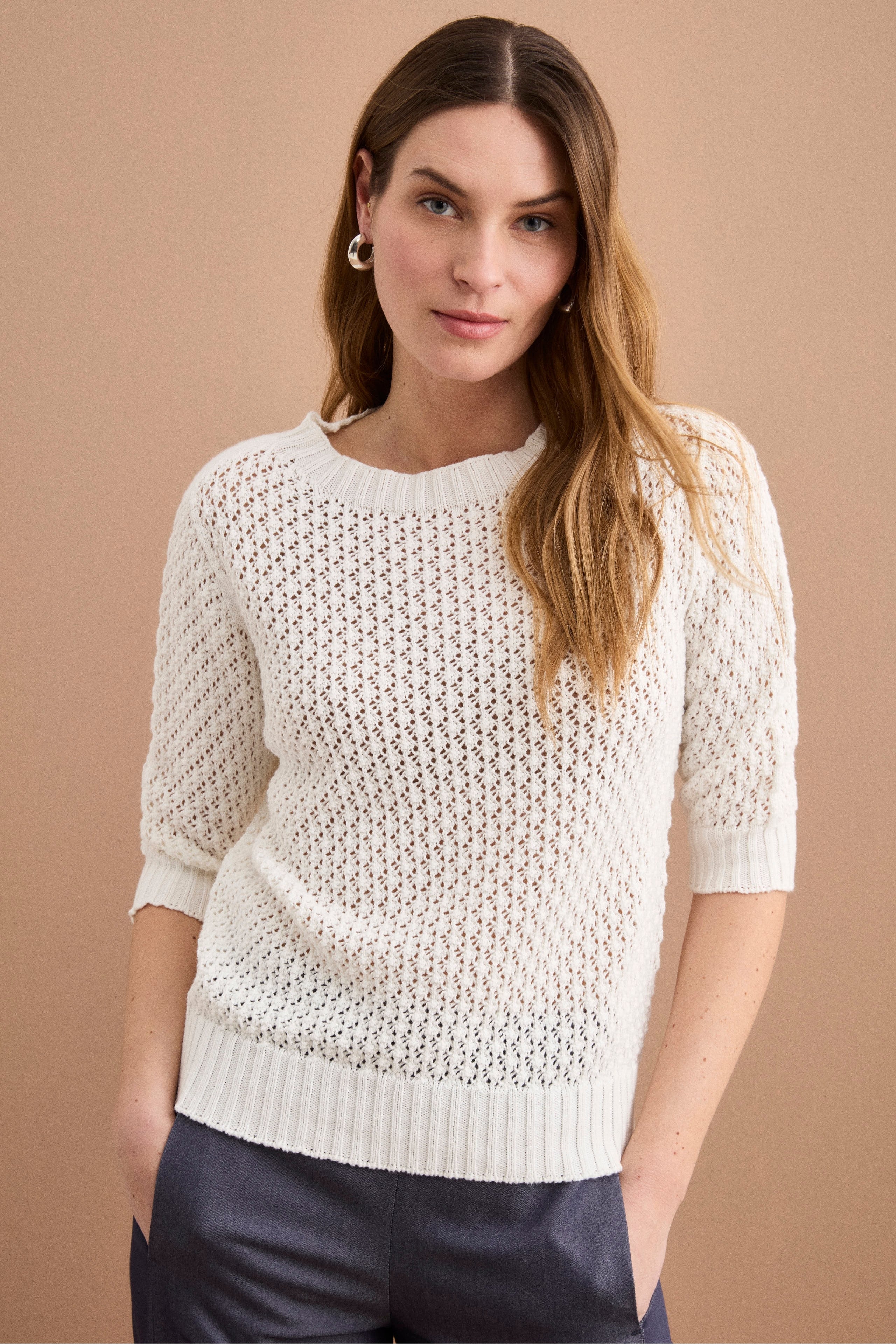 Maglia Traforata in Cotone con Scollo Barchetta - BIANCO