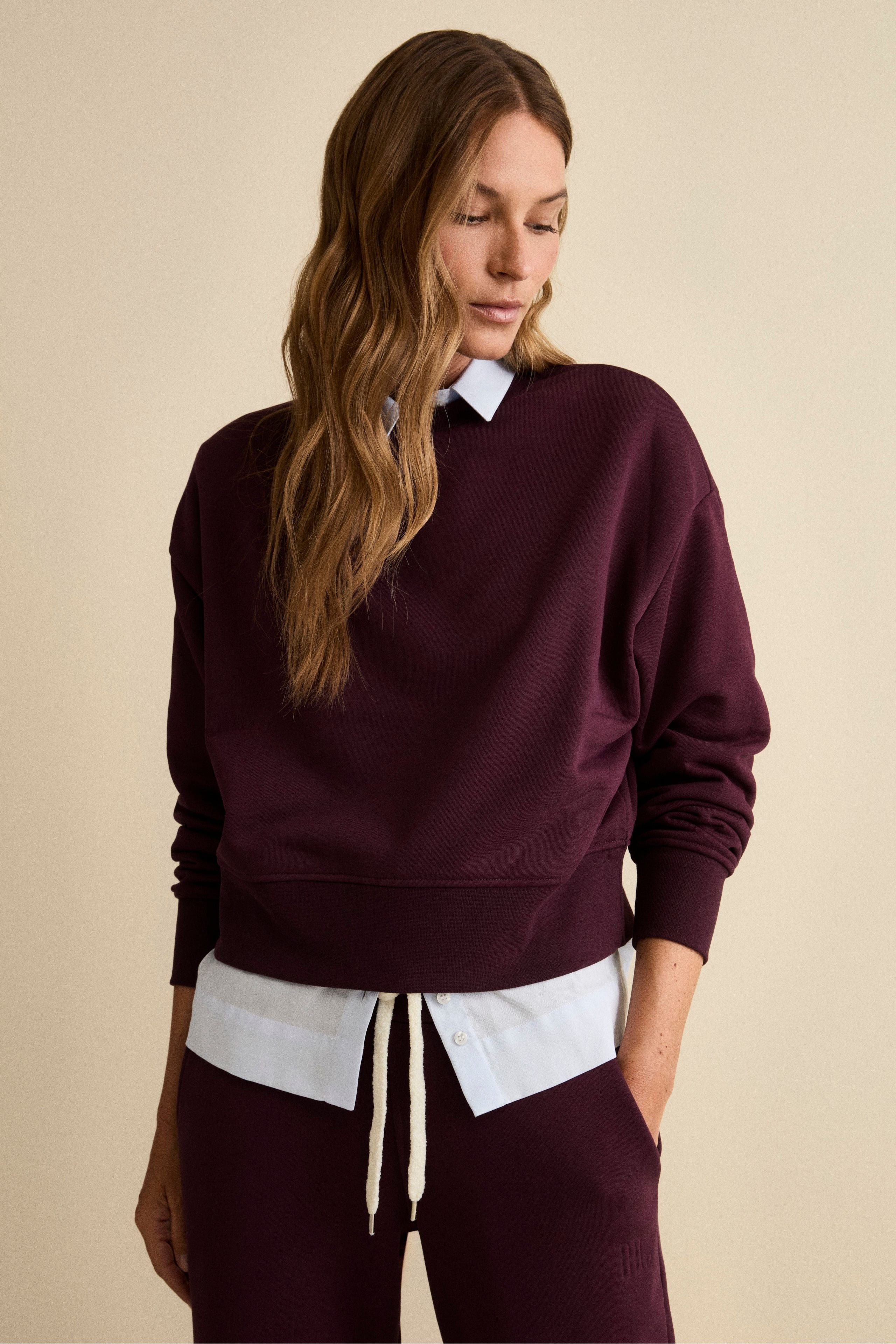 Oversized Cotton Crewneck Sweatshirt - Wine red