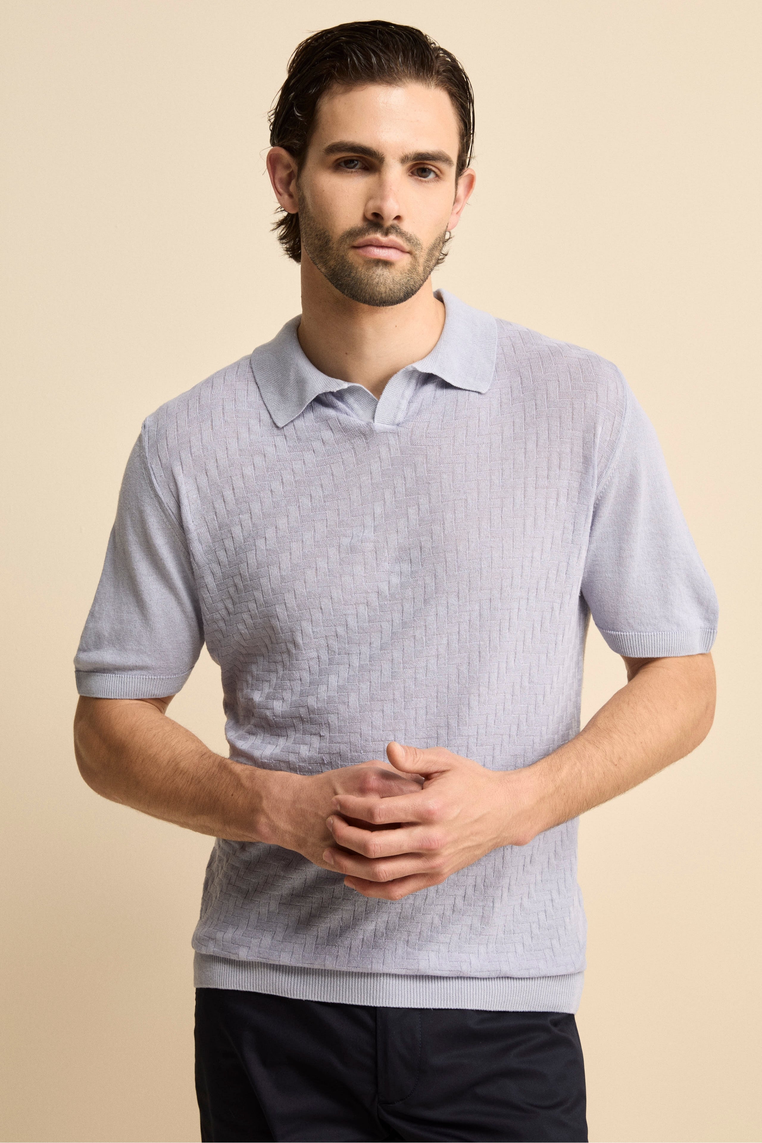 Polo Derby Mezza Manica in Misto Lino - AZZURRO