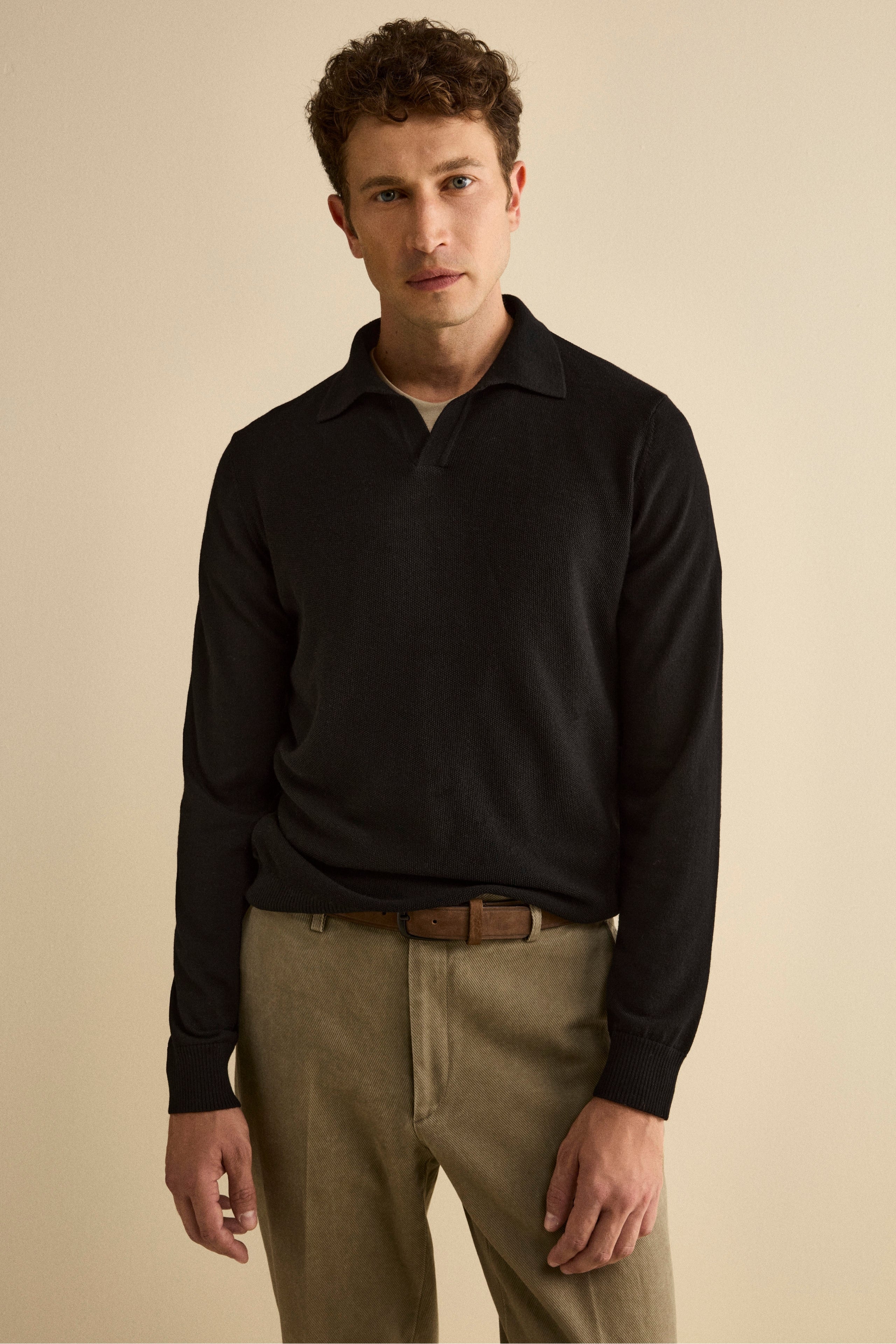 Derby Polo in Merino Wool with Elbow Patches - BLACK
