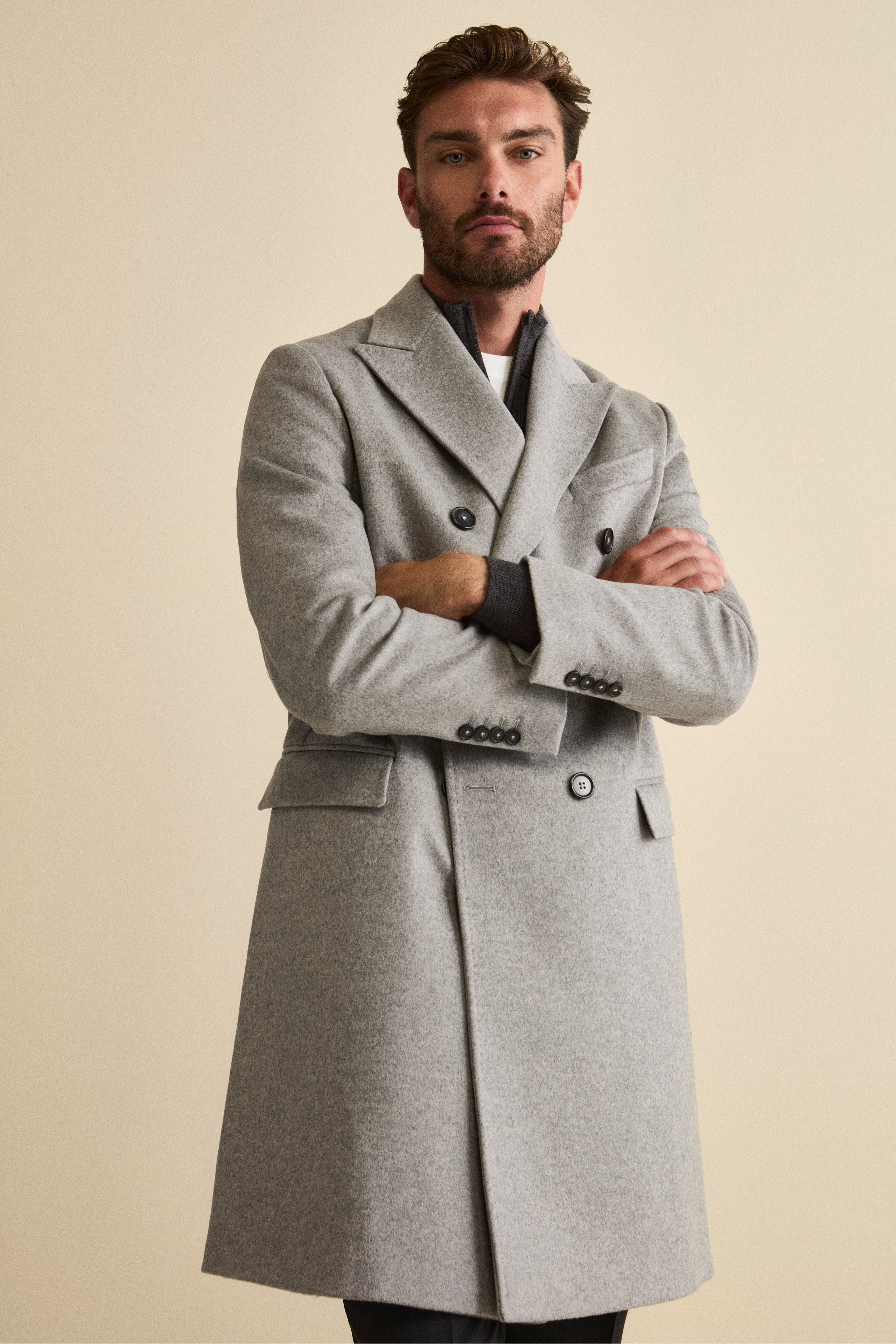 Midi Double-Breasted Coat in Wool and Cashmere Blend with Half-Belt - Light grey