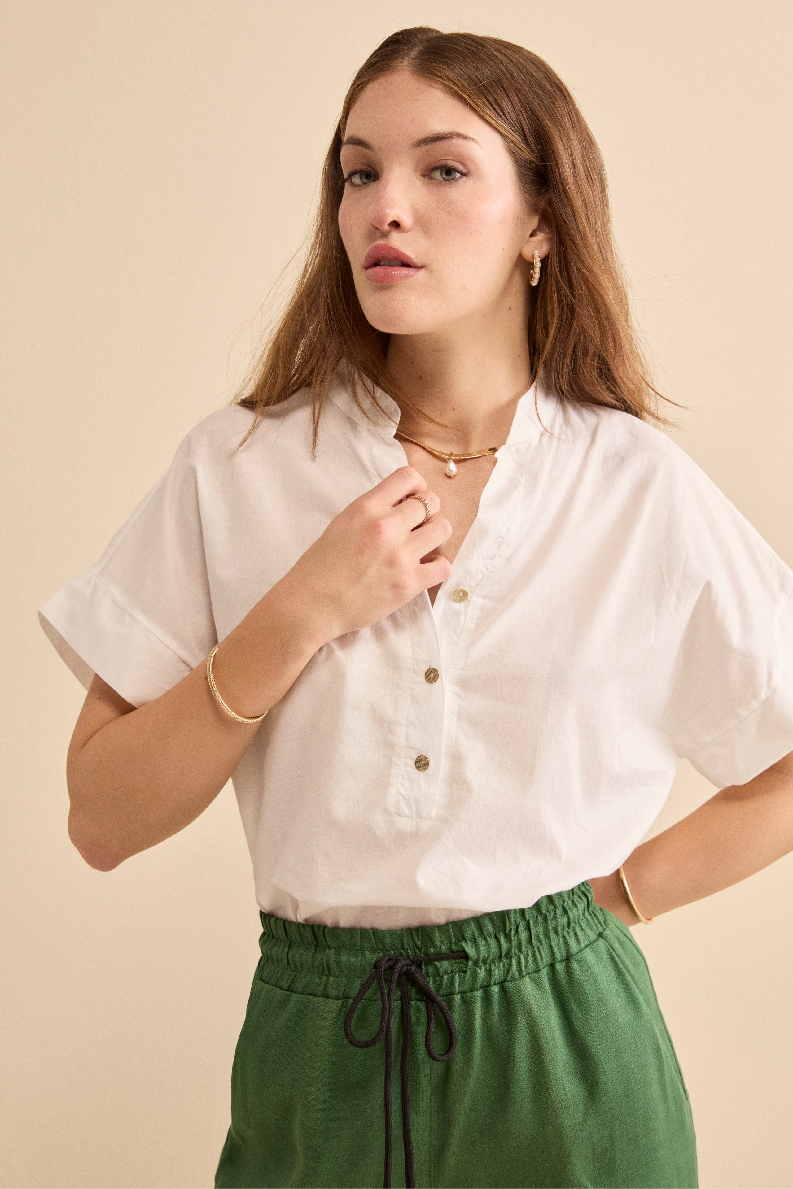 Blusa Boxy in Cotone con Bottoni - PANNA