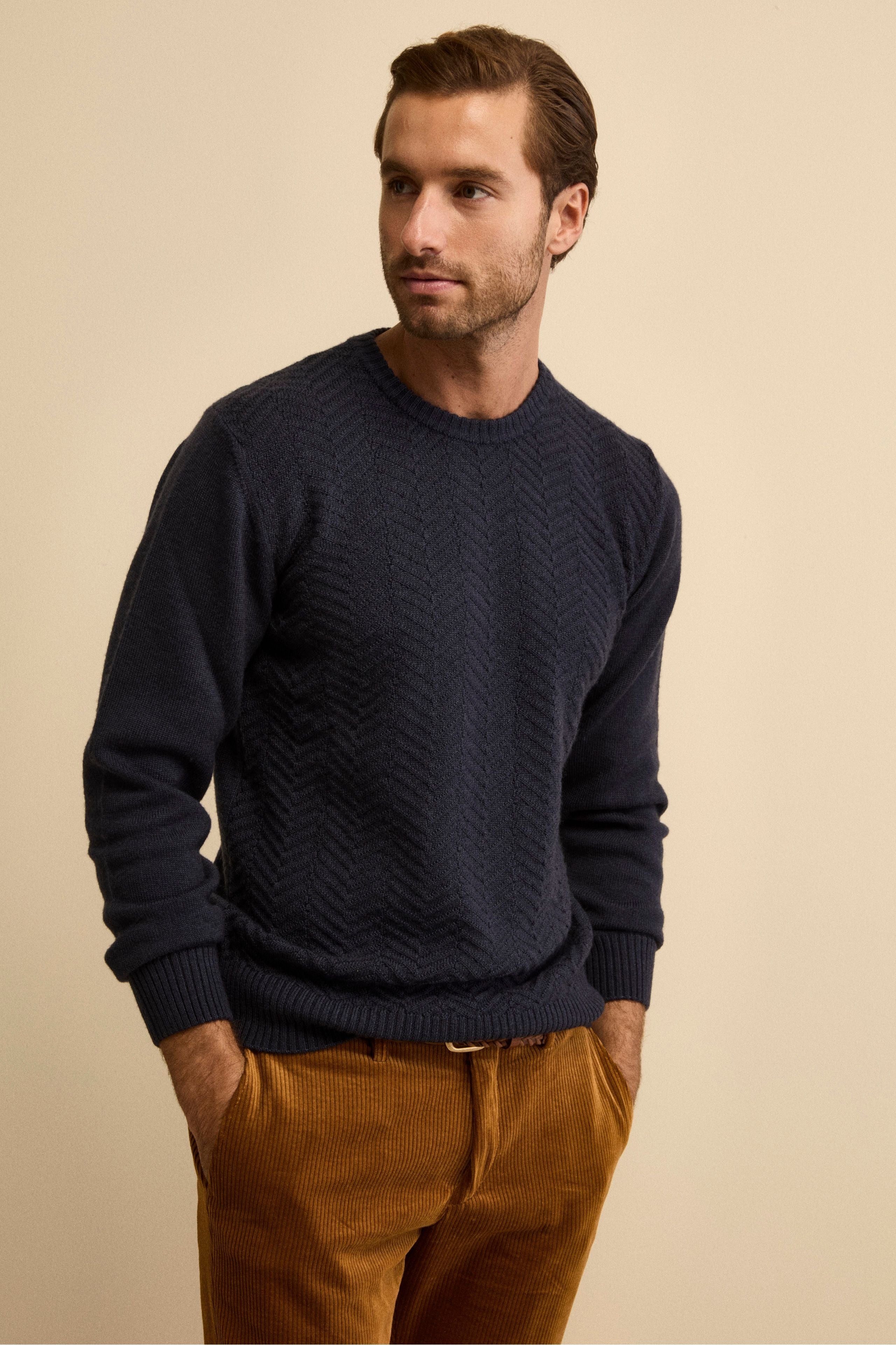 Fisherman’s Rib Crewneck in Merino Wool - BLUE MARINE