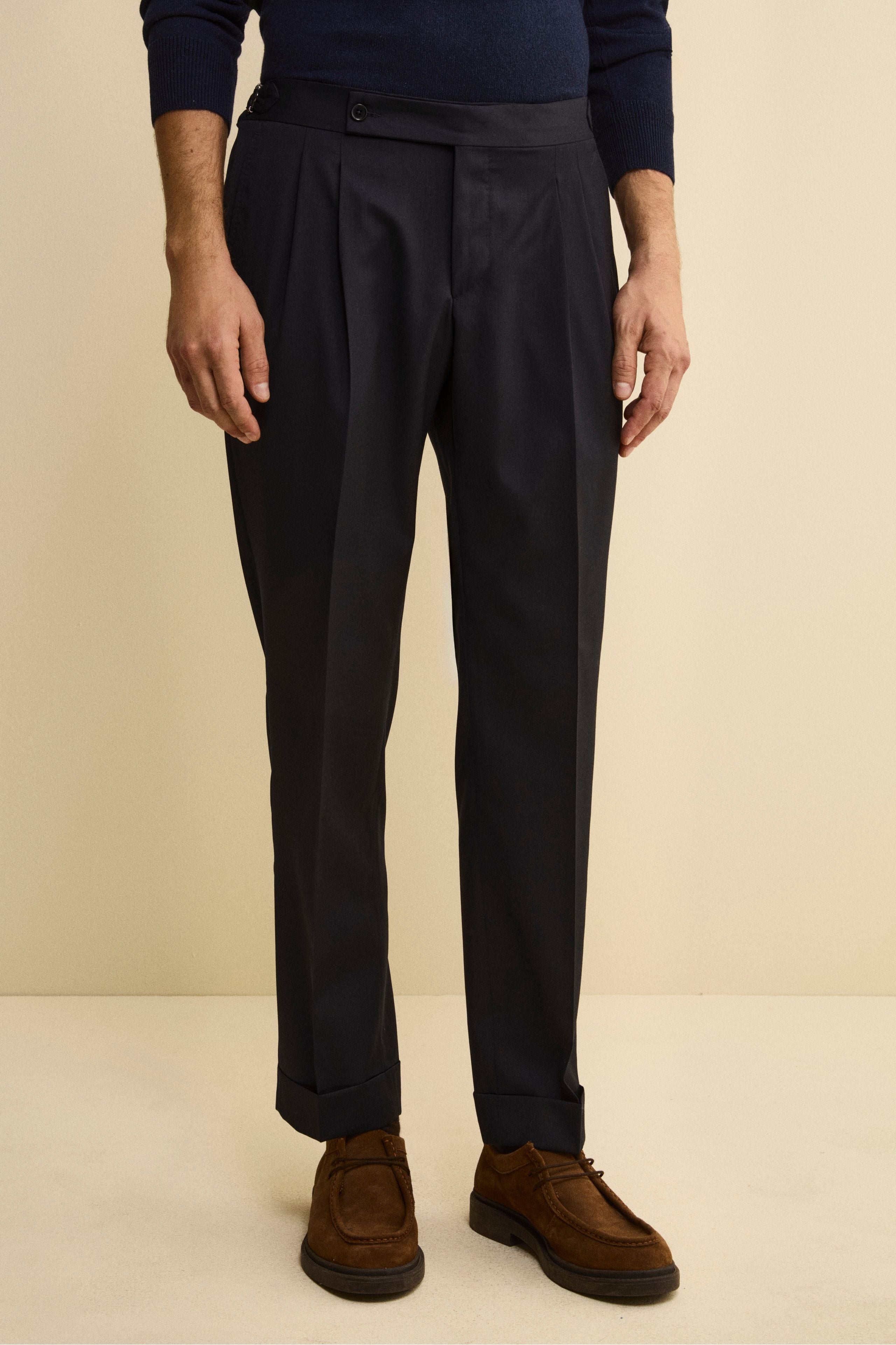 Straight Virgin Wool Trousers with Pleats and Cuffed Hem - BLUE