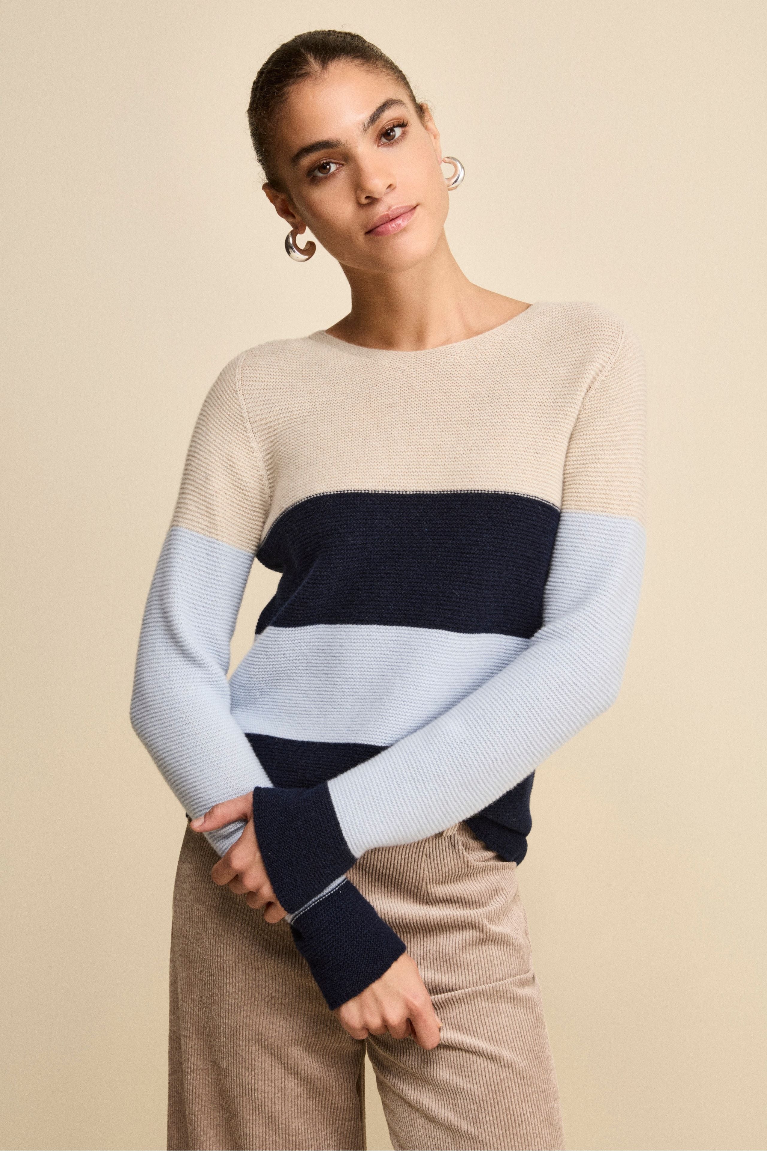 Striped Links-Knit Crewneck in Wool and Cashmere - Blue-Light blue