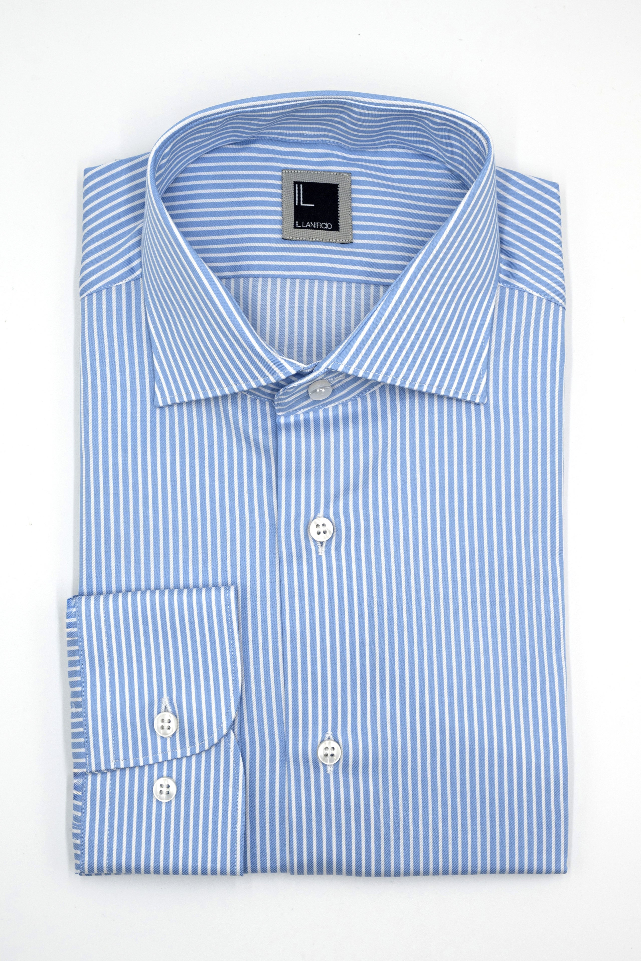 Camicia Rigata Slim Fit con Collo Francese - RIGATO BIANCO/AZZURRO
