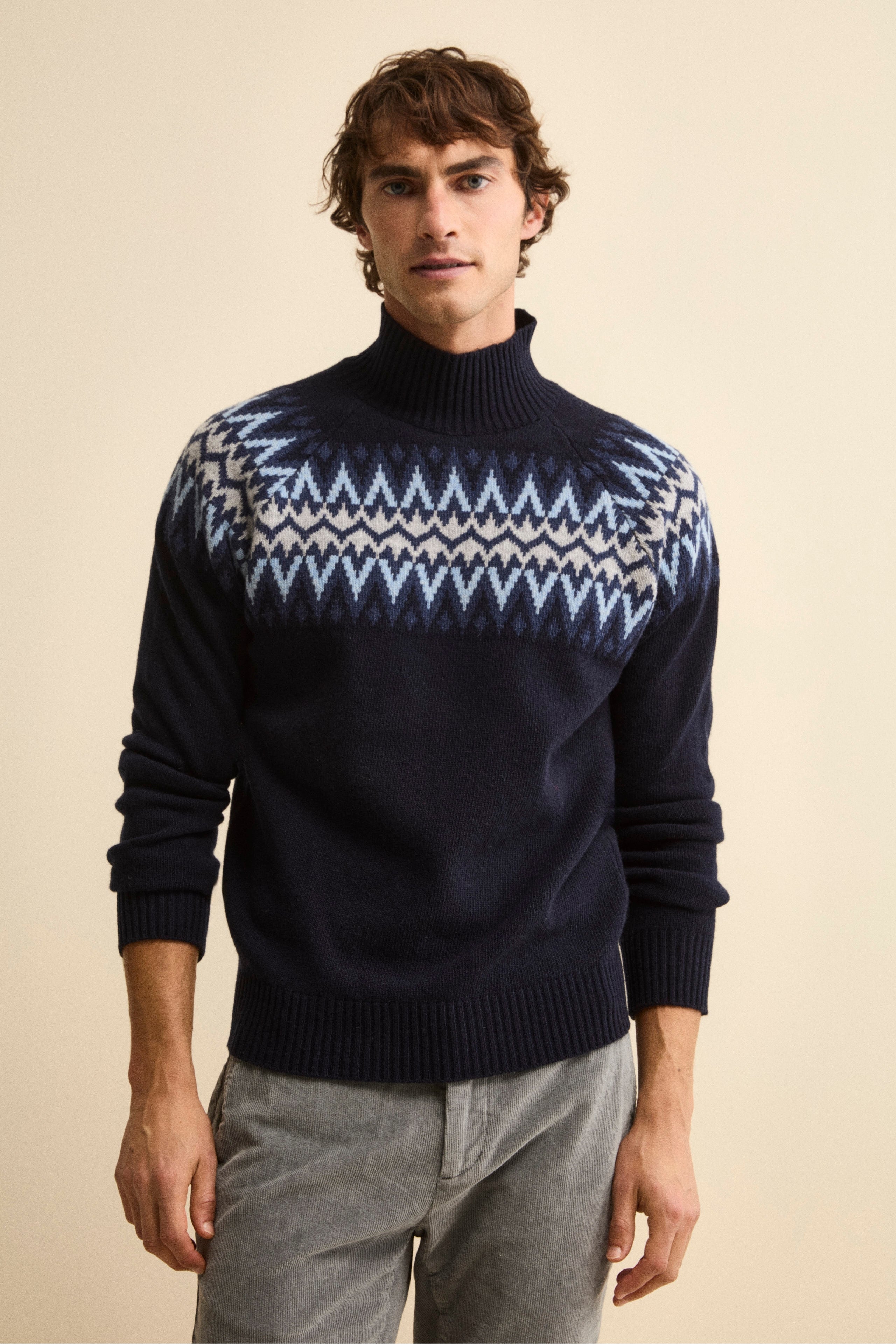 Jacquard Norwegian Mock Neck in Merino Wool - Blue-Light blue